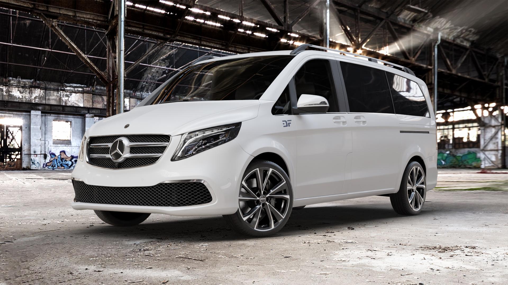 GMP Italia Evento Black Diamond Felge mit Reifen schwarz in 20Zoll Winterfelge Alufelge auf weissem Mercedes V-Klasse Typ W447 Facelift Marco Polo Vito Tourer ⬇️ mit 15mm Tieferlegung ⬇️ Old Industrial Hall_max_5300mm_2024 Frontansicht_1