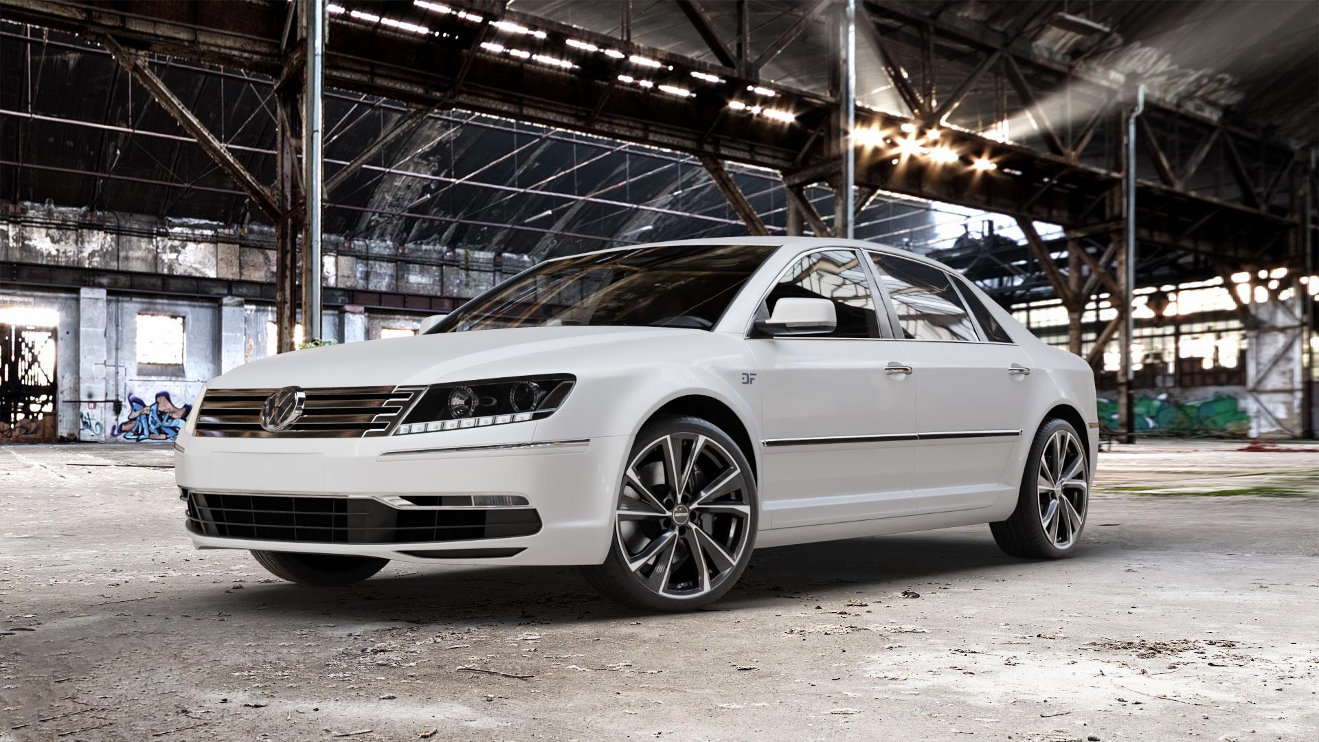 GMP Italia Evento Black Diamond Felge mit Reifen schwarz in 20Zoll Winterfelge Alufelge auf weissem Volkswagen (VW) Phaeton Typ 3D (Facelift 10->) ⬇️ mit 15mm Tieferlegung ⬇️ Old Industrial Hall_max_5300mm_2024 Frontansicht_1