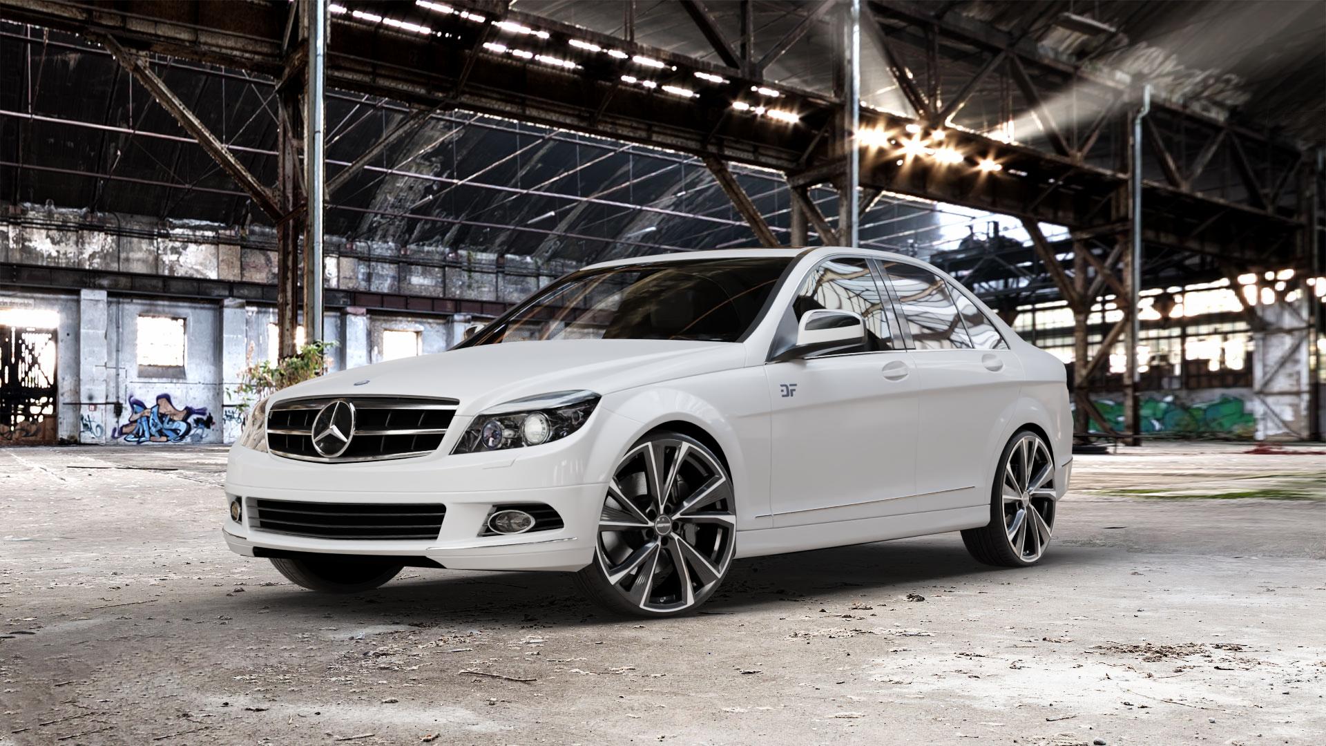 GMP Italia Evento Black Diamond Felge mit Reifen schwarz in 21Zoll Winterfelge Alufelge auf weissem Mercedes C-Klasse Typ W204 Limousine ⬇️ mit 15mm Tieferlegung ⬇️ Old Industrial Hall_max_5300mm_2024 Frontansicht_1