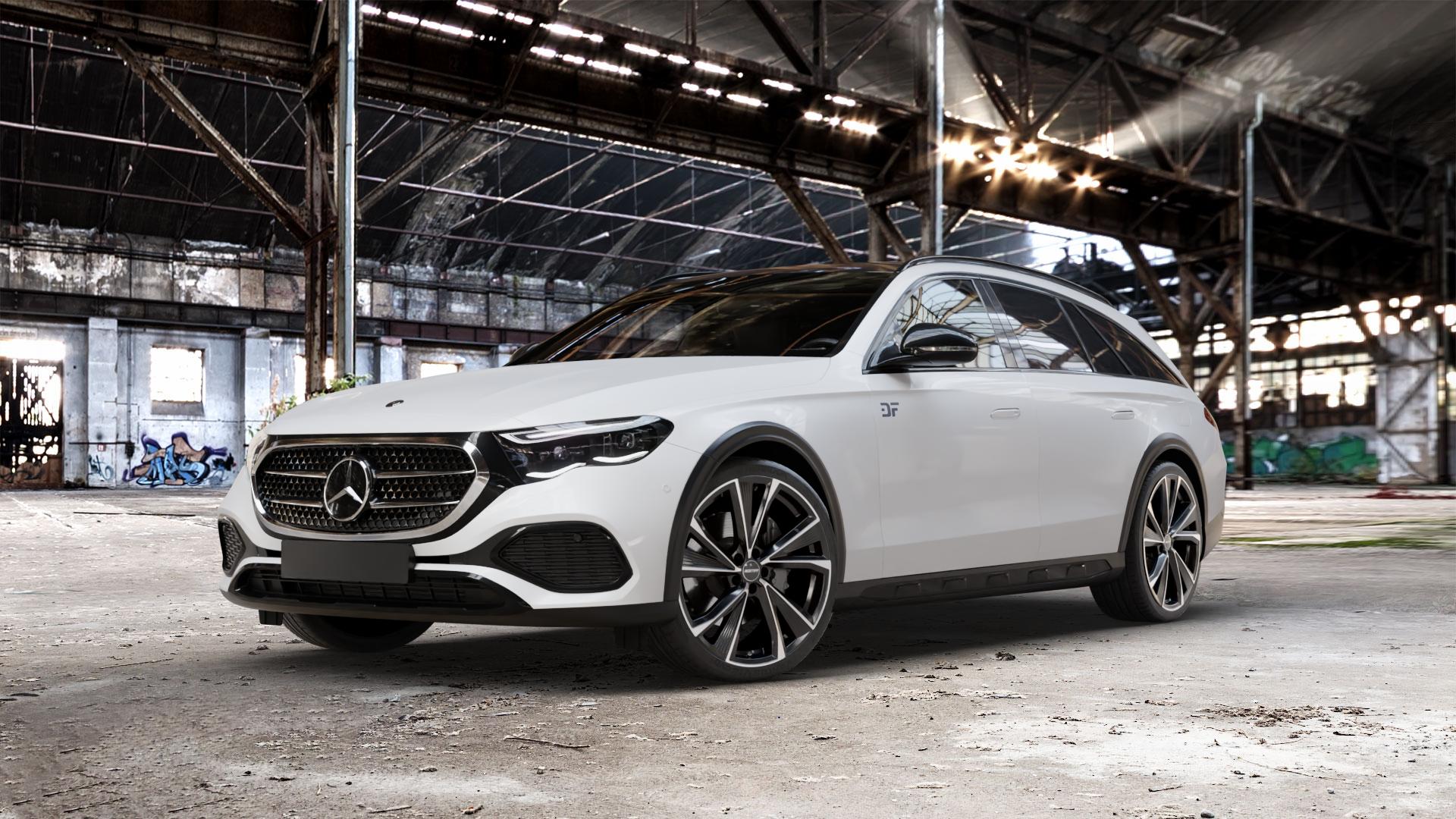 GMP Italia Evento Black Diamond Felge mit Reifen schwarz in 21Zoll Winterfelge Alufelge auf weissem Mercedes E-Klasse Typ S214 All-Terrain Coupe ⬇️ mit 15mm Tieferlegung ⬇️ Old Industrial Hall_max_5300mm_2024 Frontansicht_1