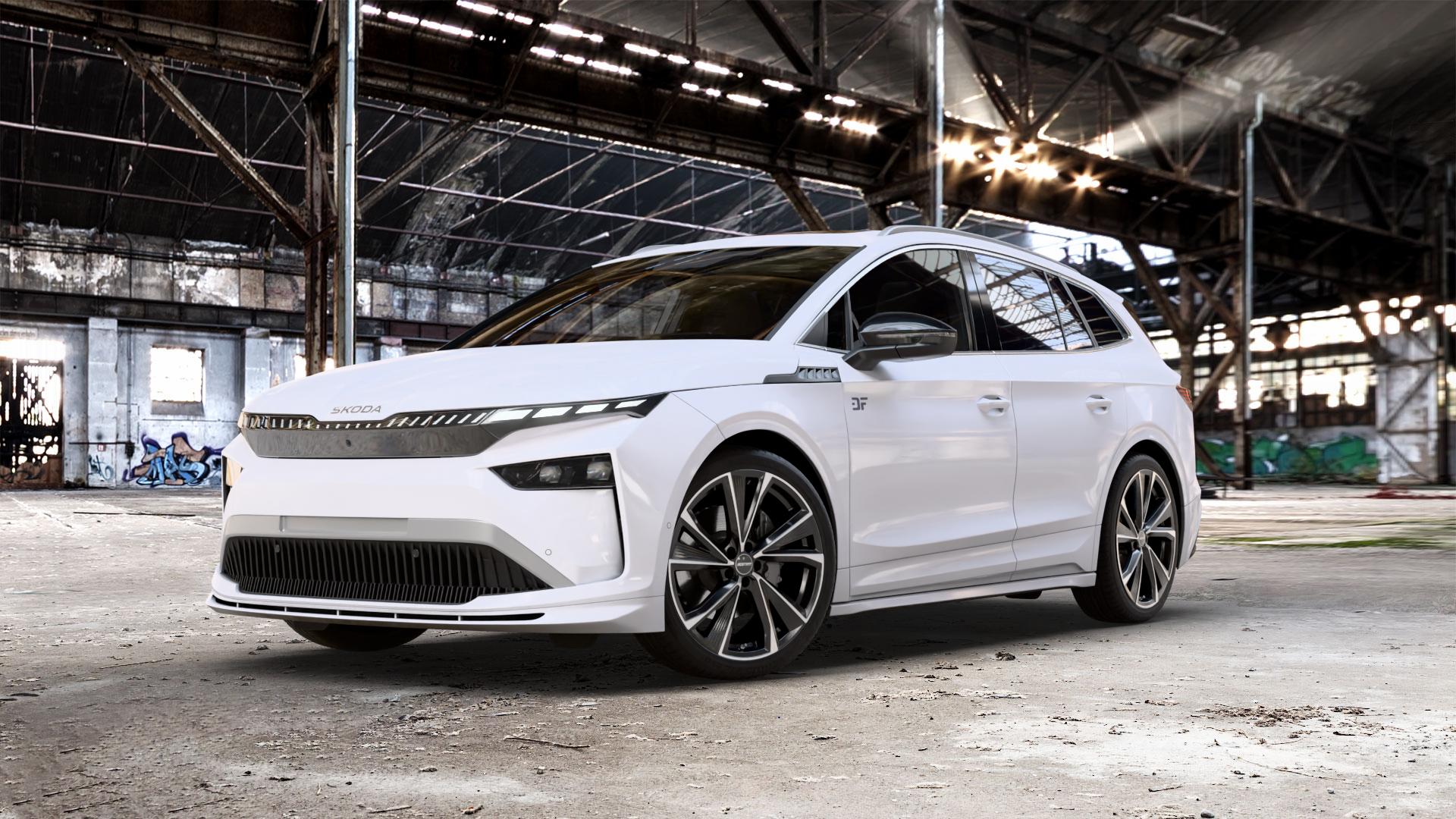 GMP Italia Evento Black Diamond Felge mit Reifen schwarz in 21Zoll Winterfelge Alufelge auf weissem Skoda Enyaq iV Typ NY Facelift 0,0l 70kW 60 (95 PS) 89kW 85 (121 77kW 85X (105 ⬇️ mit 15mm Tieferlegung ⬇️ Old Industrial Hall_max_5300mm_2024 Frontansicht_1
