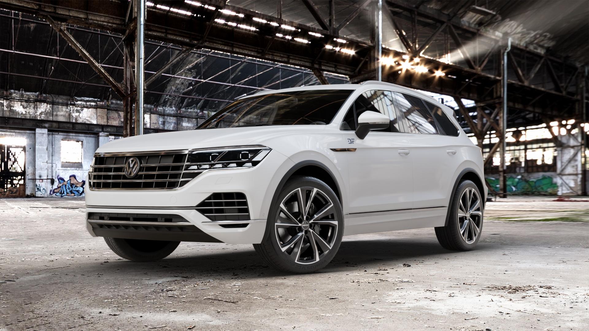 GMP Italia Evento Black Diamond Felge mit Reifen schwarz in 21Zoll Winterfelge Alufelge auf weissem Volkswagen (VW) Touareg III Typ CR ⬇️ mit 15mm Tieferlegung ⬇️ Old Industrial Hall_max_5300mm_2024 Frontansicht_1