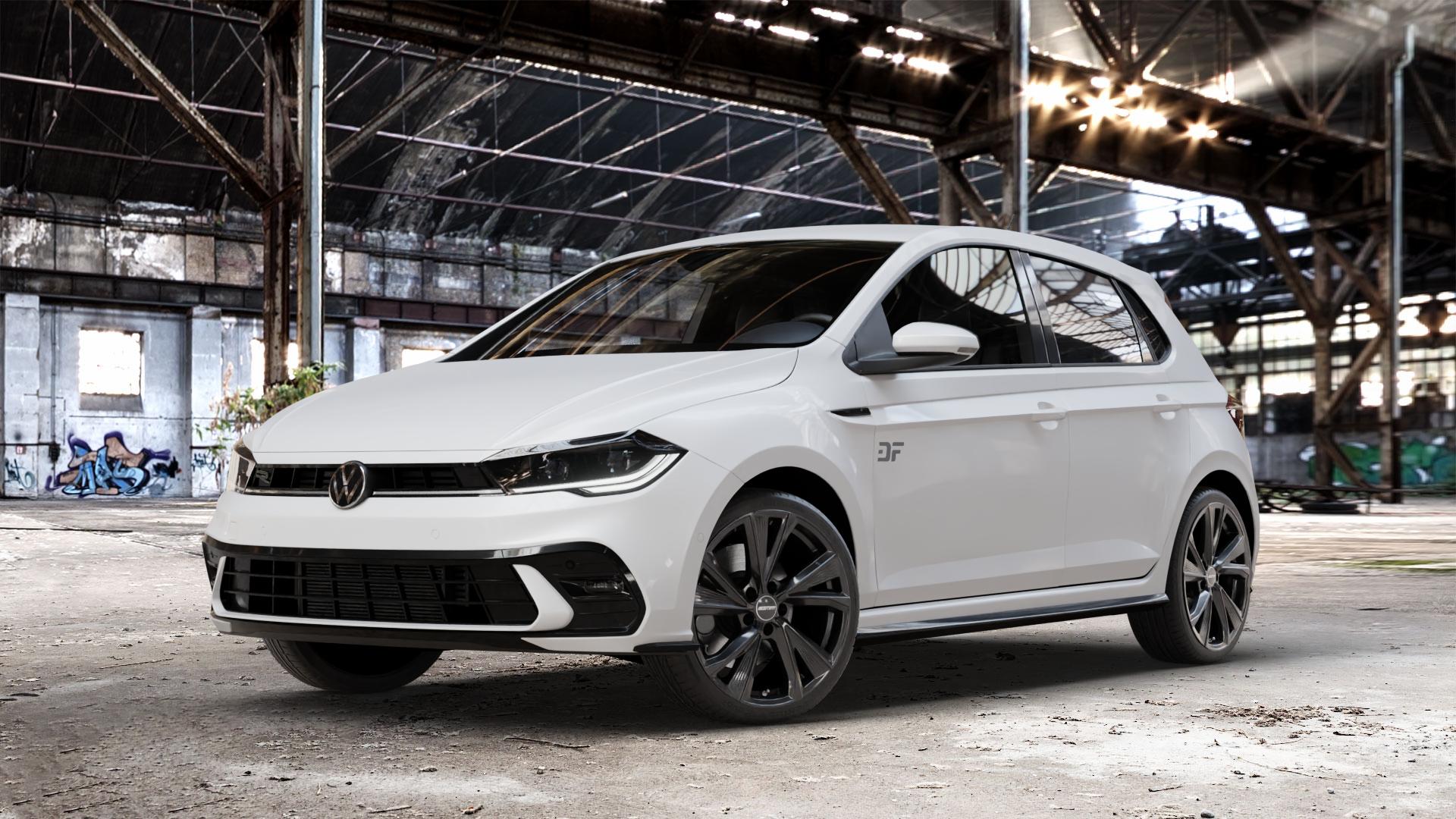 GMP Italia Evento Black glossy Felge mit Reifen schwarz in 18Zoll Winterfelge Alufelge auf weissem Volkswagen (VW) Polo VI Typ AW Facelift 1,0l TGI 66kW (90 PS) TSI 81kW (110 70kW (95 MPI 59kW (80 ⬇️ mit 15mm Tieferlegung ⬇️ Old Industrial Hall_max_4400mm_2024 Frontansicht_1