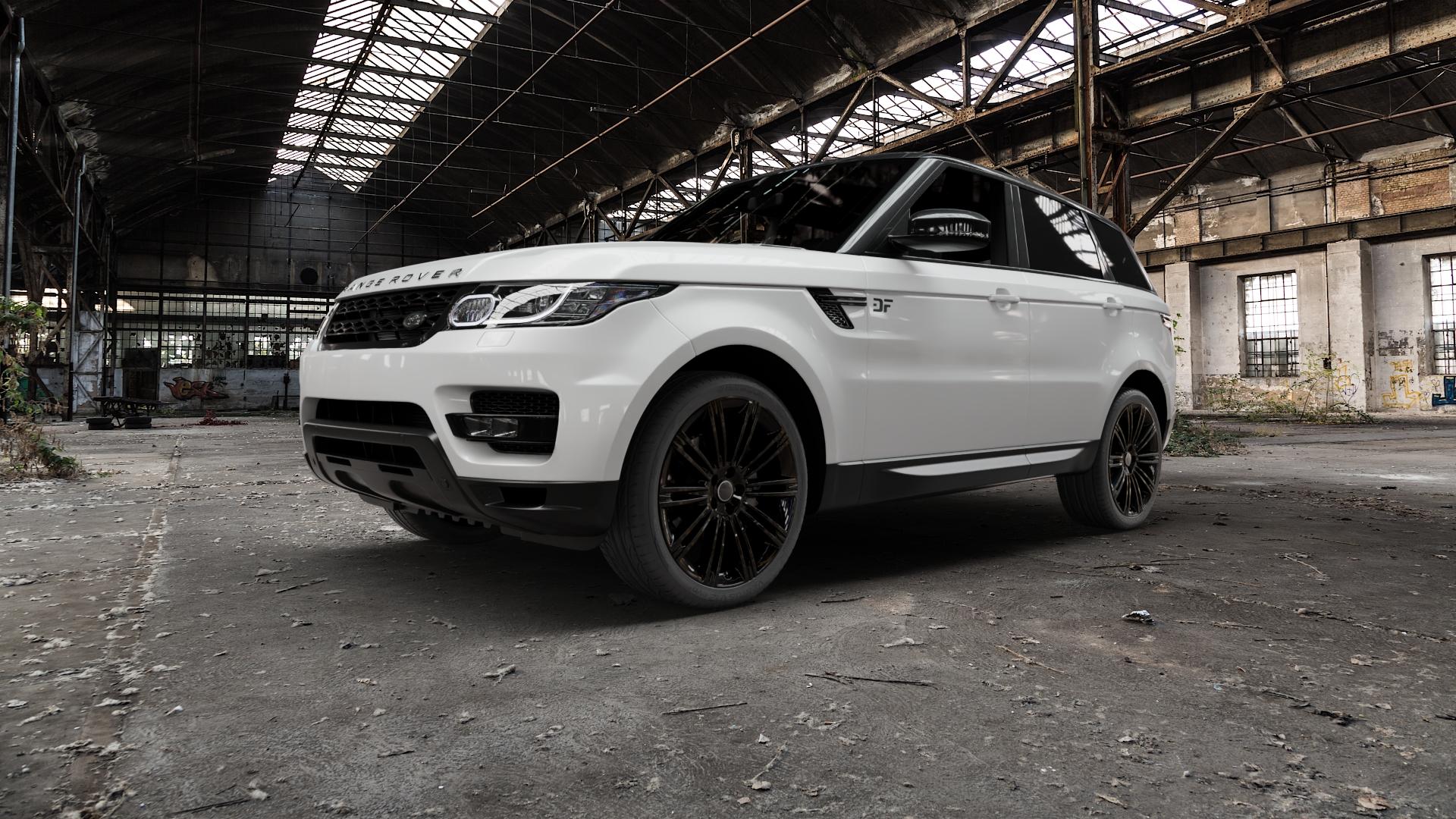 GMP Italia Experience Black glossy Felge mit Reifen schwarz in 22Zoll Winterfelge Alufelge auf weissem Land Rover Range Sport Typ LW ⬇️ mit 15mm Tieferlegung ⬇️ Old Industrial Hall_max5000mm_2022 Frontansicht_1