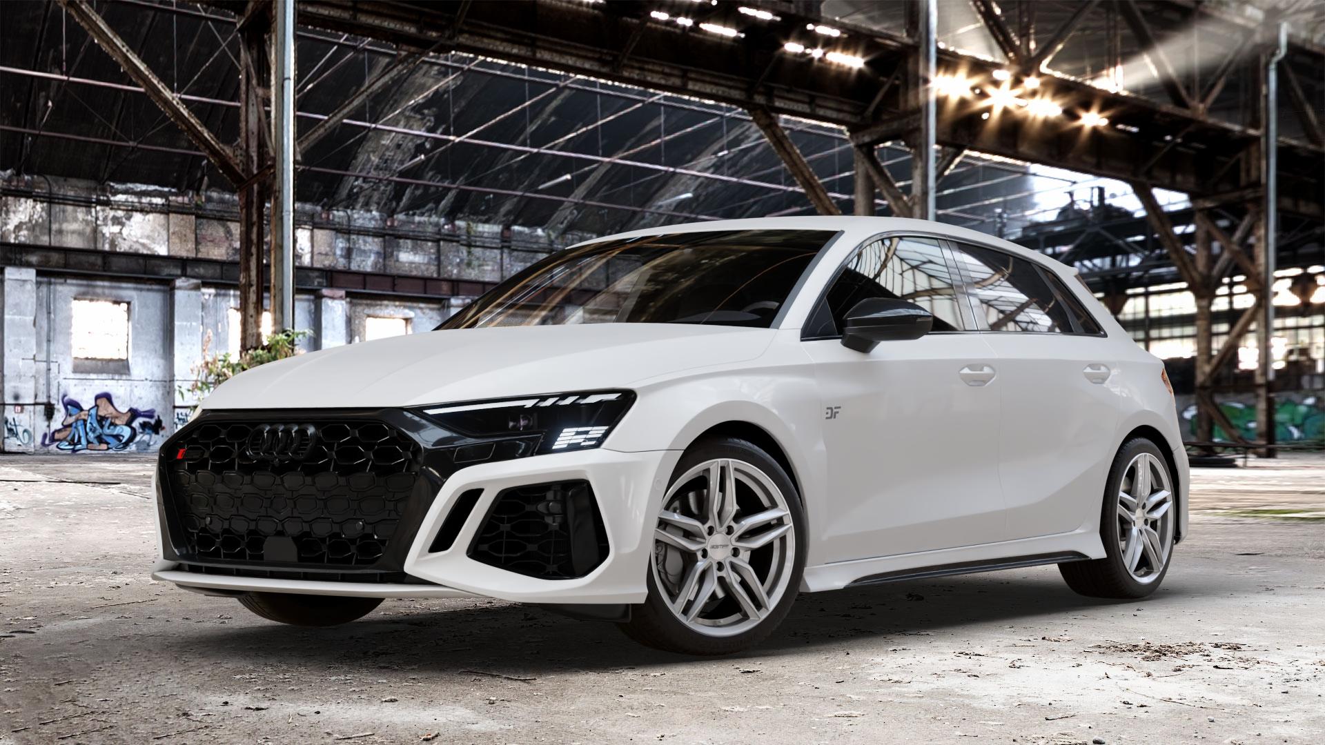 GMP Italia FASTEN Silver Felge mit Reifen silber in 18Zoll Winterfelge Alufelge auf weissem Audi A3 Typ GY (Sportback) 2,5l TFSI quattro 294kW RS3 (400 PS) 299kW (407 ⬇️ mit 15mm Tieferlegung ⬇️ Old Industrial Hall_max_4400mm_2024 Frontansicht_1