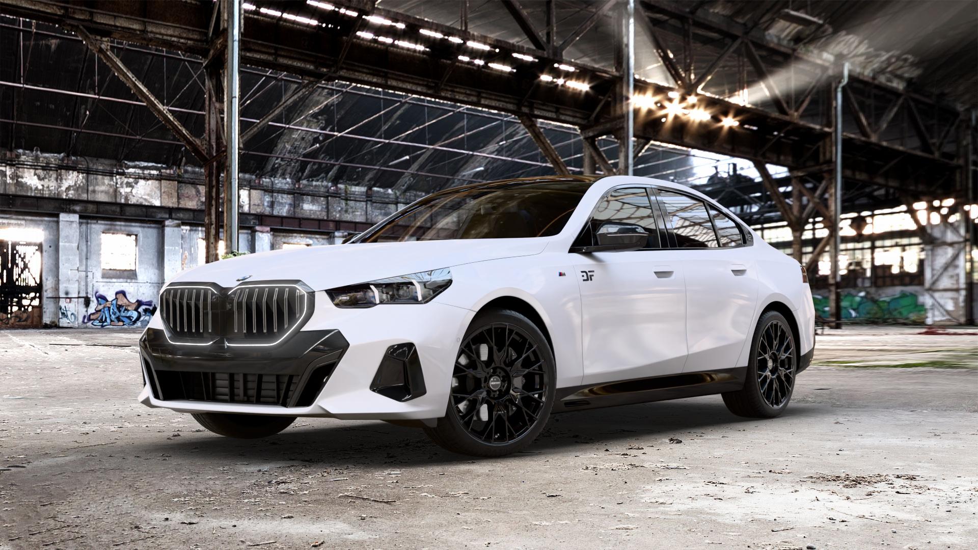 GMP Italia Fender Black glossy Felge mit Reifen schwarz in 20Zoll Winterfelge Alufelge auf weissem BMW 550e xDrive Typ G60 (Limousine) ⬇️ mit 15mm Tieferlegung ⬇️ Old Industrial Hall_max_5300mm_2024 Frontansicht_1