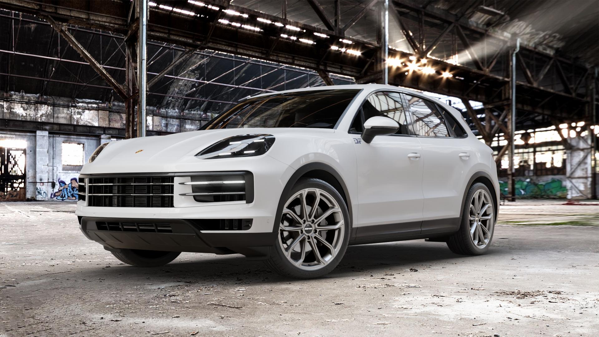 GMP Italia Furiosa Anthracite matt Felge mit Reifen grau anthrazit in 22Zoll Winterfelge Alufelge auf weissem Porsche Cayenne III Typ 9YA Facelift ⬇️ mit 15mm Tieferlegung ⬇️ Old Industrial Hall_max_5300mm_2024 Frontansicht_1