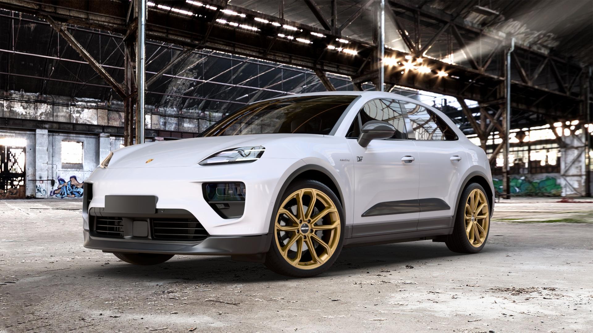 GMP Italia Furiosa Gold Felge mit Reifen in 22Zoll Winterfelge Alufelge auf Weiss Uni Porsche Macan Typ XA ⬇️ mit 15mm Tieferlegung ⬇️ Old Industrial Hall_max_5300mm_2024 Frontansicht_1