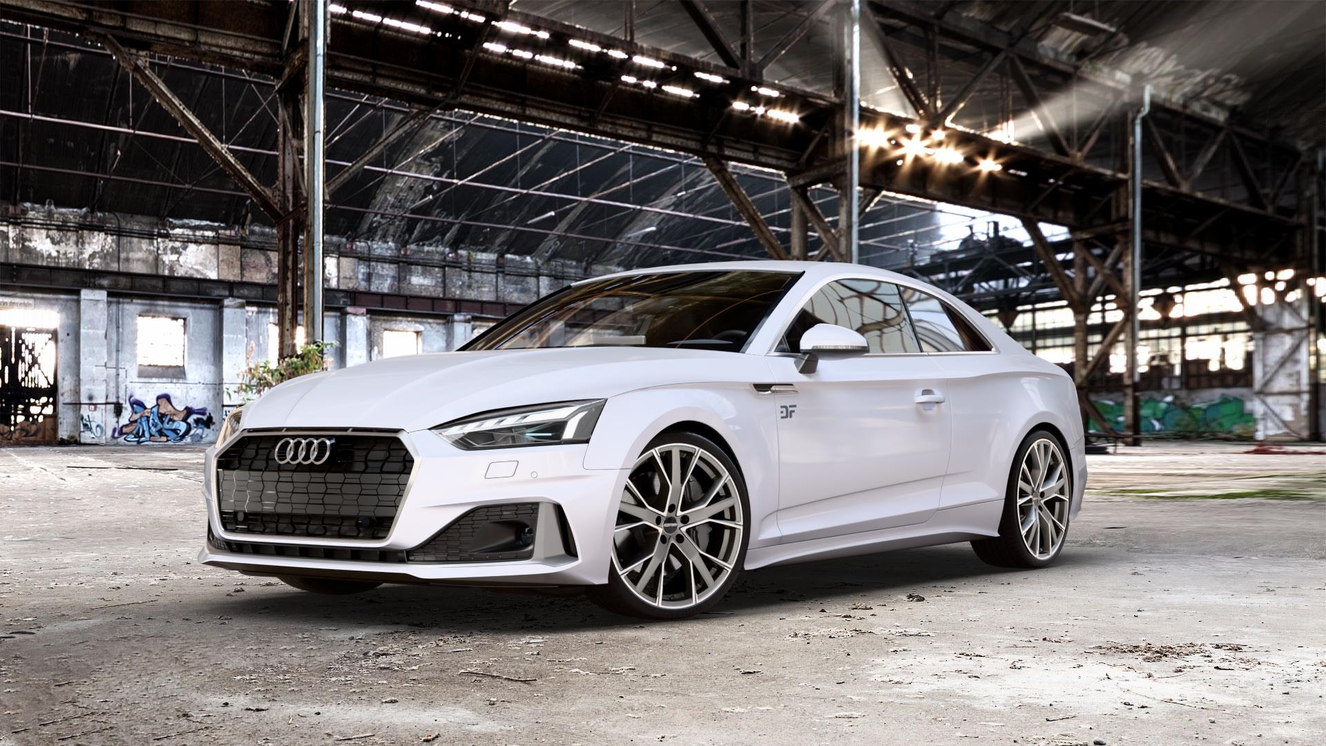GMP Italia Gunner Anthr. matt diamond Felge mit Reifen grau anthrazit in 20Zoll Winterfelge Alufelge auf weißem Audi A5 Typ B9 (Coupé) Facelift ⬇️ mit 15mm Tieferlegung ⬇️ Old Industrial Hall_max_5300mm_2024 Frontansicht_1