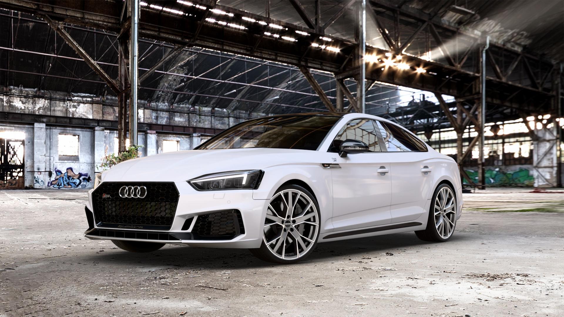 GMP Italia Gunner Anthr. matt diamond Felge mit Reifen grau anthrazit in 20Zoll Winterfelge Alufelge auf weissem Audi A5 Typ B9 (Sportback) 3,0l S5 TFSI quattro 260kW (354 PS) 2,9l RS5 331kW (450 TDI 255kW Mild-Hybrid (347 ⬇️ mit 15mm Tieferlegung ⬇️ Old Industrial Hall_max_5300mm_2024 Frontansicht_1