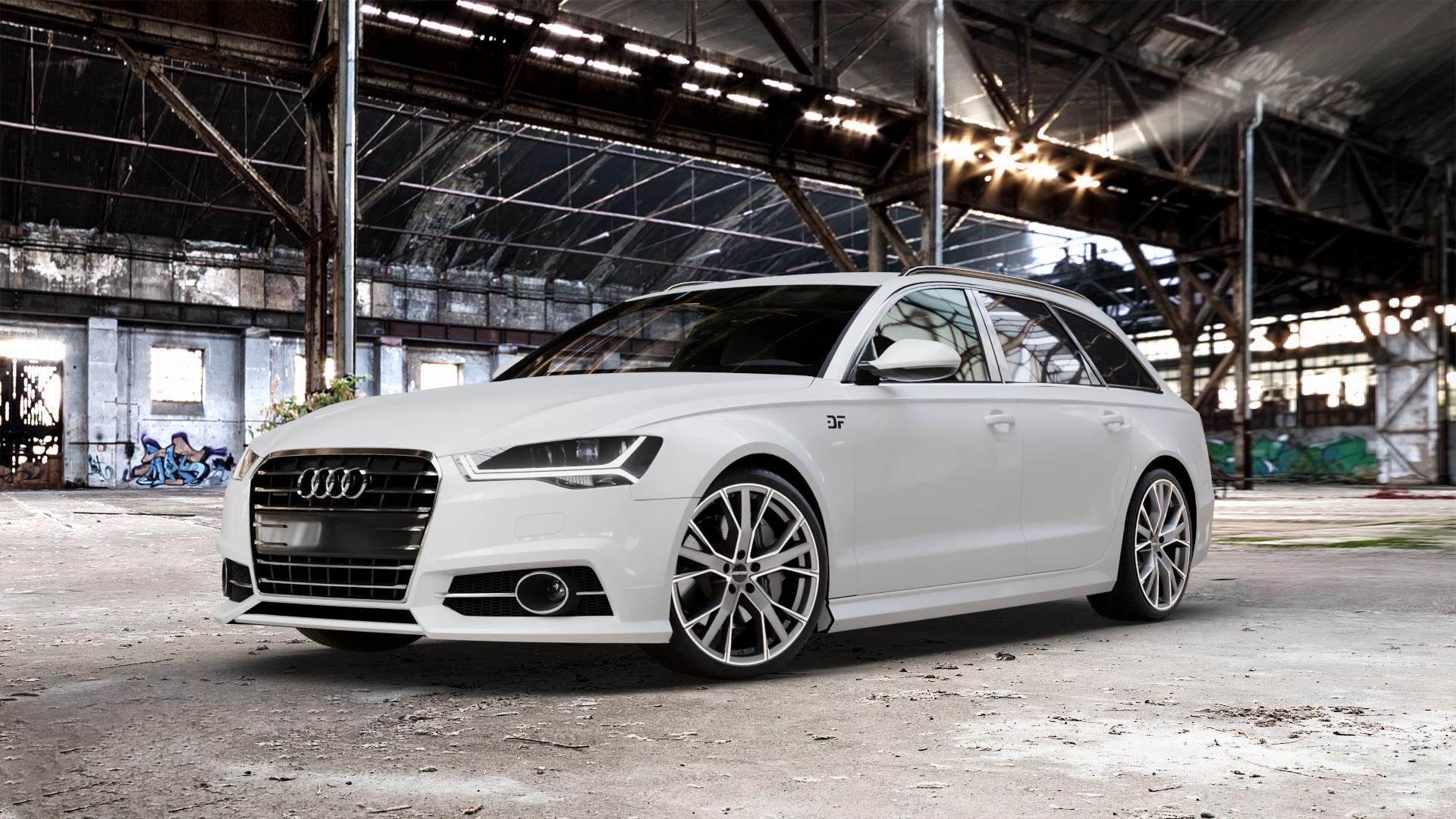 GMP Italia Gunner Anthr. matt diamond Felge mit Reifen grau anthrazit in 20Zoll Winterfelge Alufelge auf weissem Audi A6 Typ 4G/C7 (Avant) Facelift ⬇️ mit 15mm Tieferlegung ⬇️ Old Industrial Hall_max_5300mm_2024 Frontansicht_1