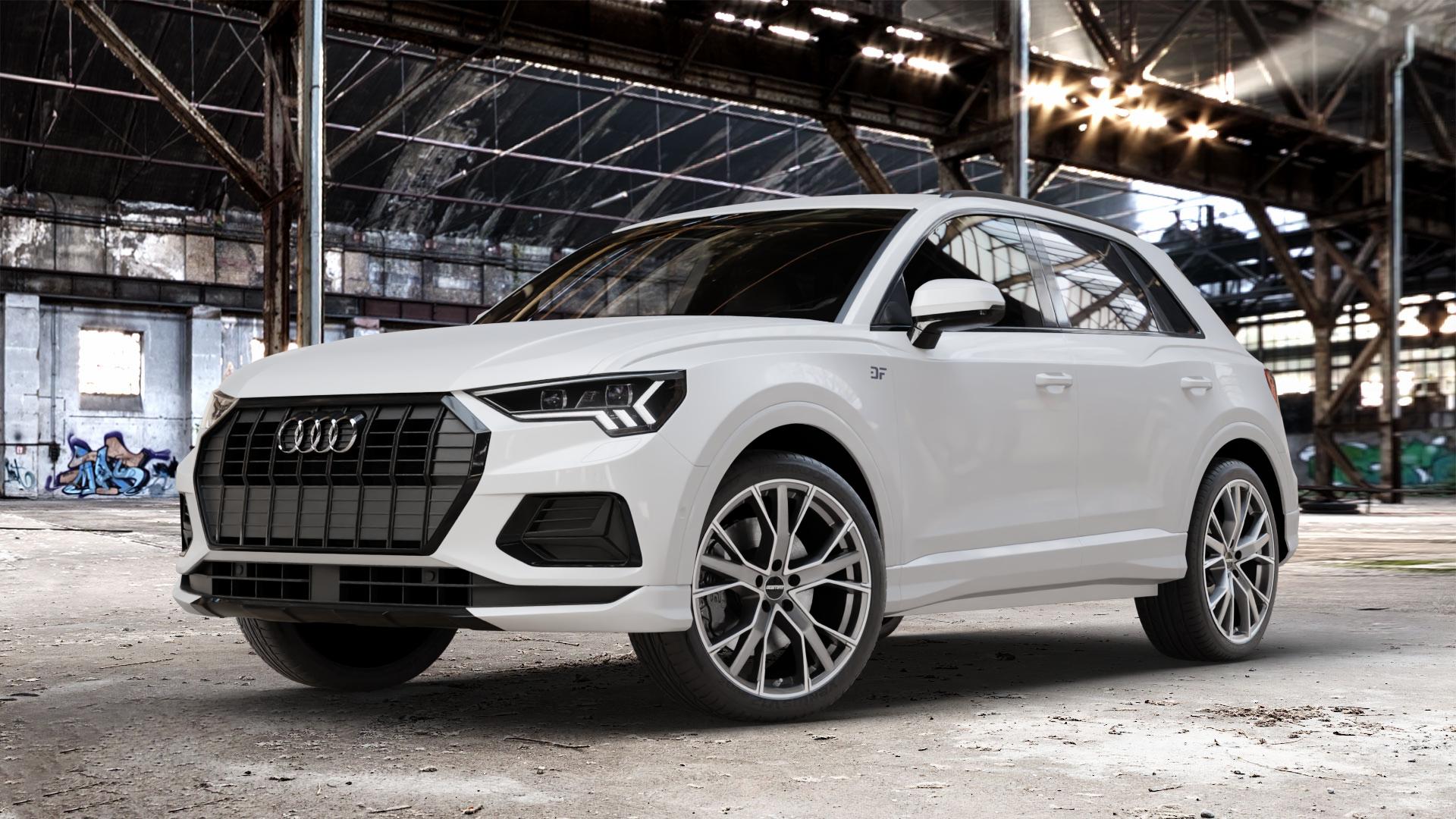 GMP Italia Gunner Anthr. matt diamond Felge mit Reifen grau anthrazit in 20Zoll Winterfelge Alufelge auf weissem Audi Q3 II Typ F3 ⬇️ mit 15mm Tieferlegung ⬇️ Old Industrial Hall_max_4400mm_2024 Frontansicht_1