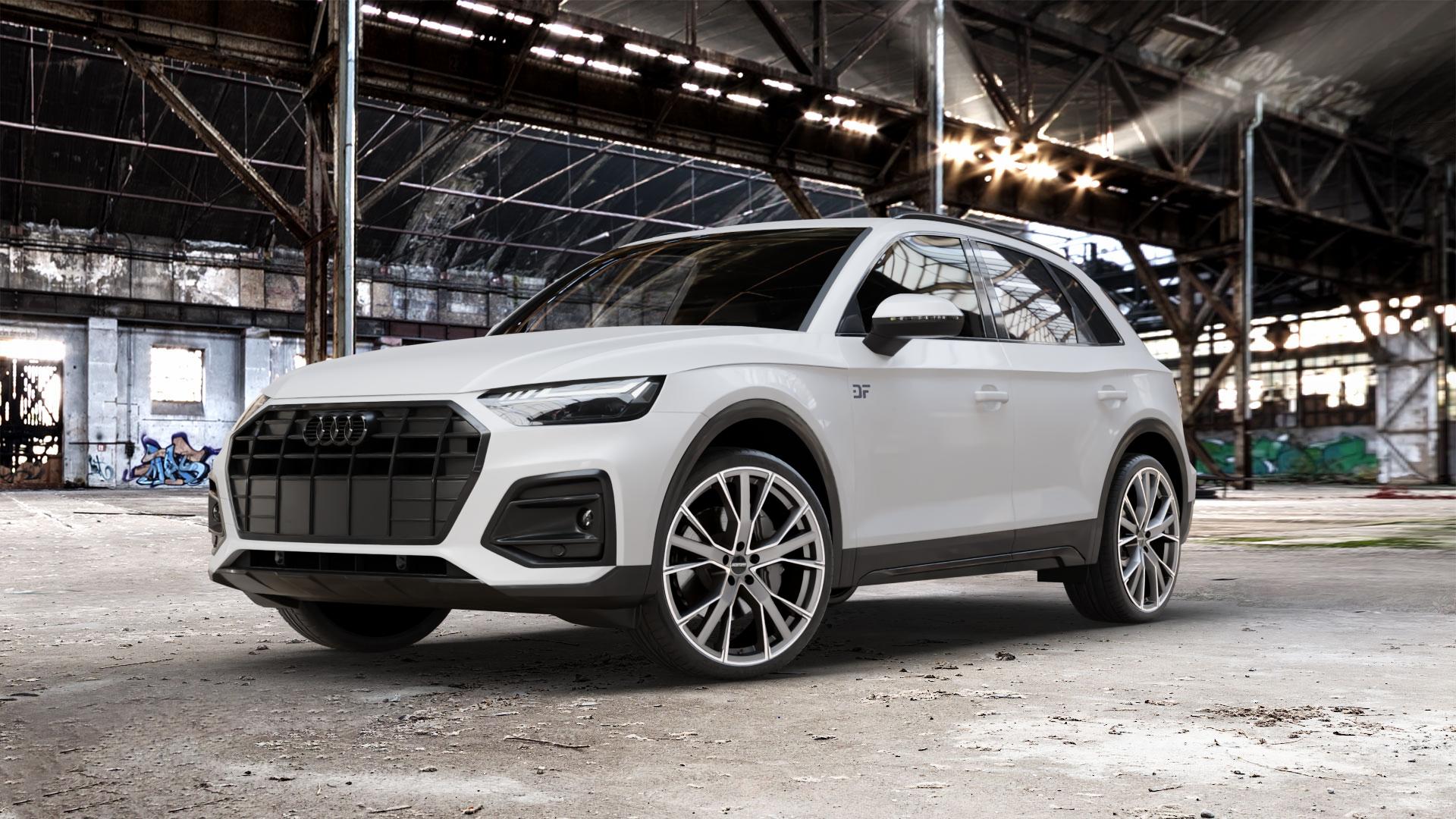 GMP Italia Gunner Anthr. matt diamond Felge mit Reifen grau anthrazit in 22Zoll Winterfelge Alufelge auf weissem Audi Q5 II Typ FY Facelift ⬇️ mit 15mm Tieferlegung ⬇️ Old Industrial Hall_max_5300mm_2024 Frontansicht_1