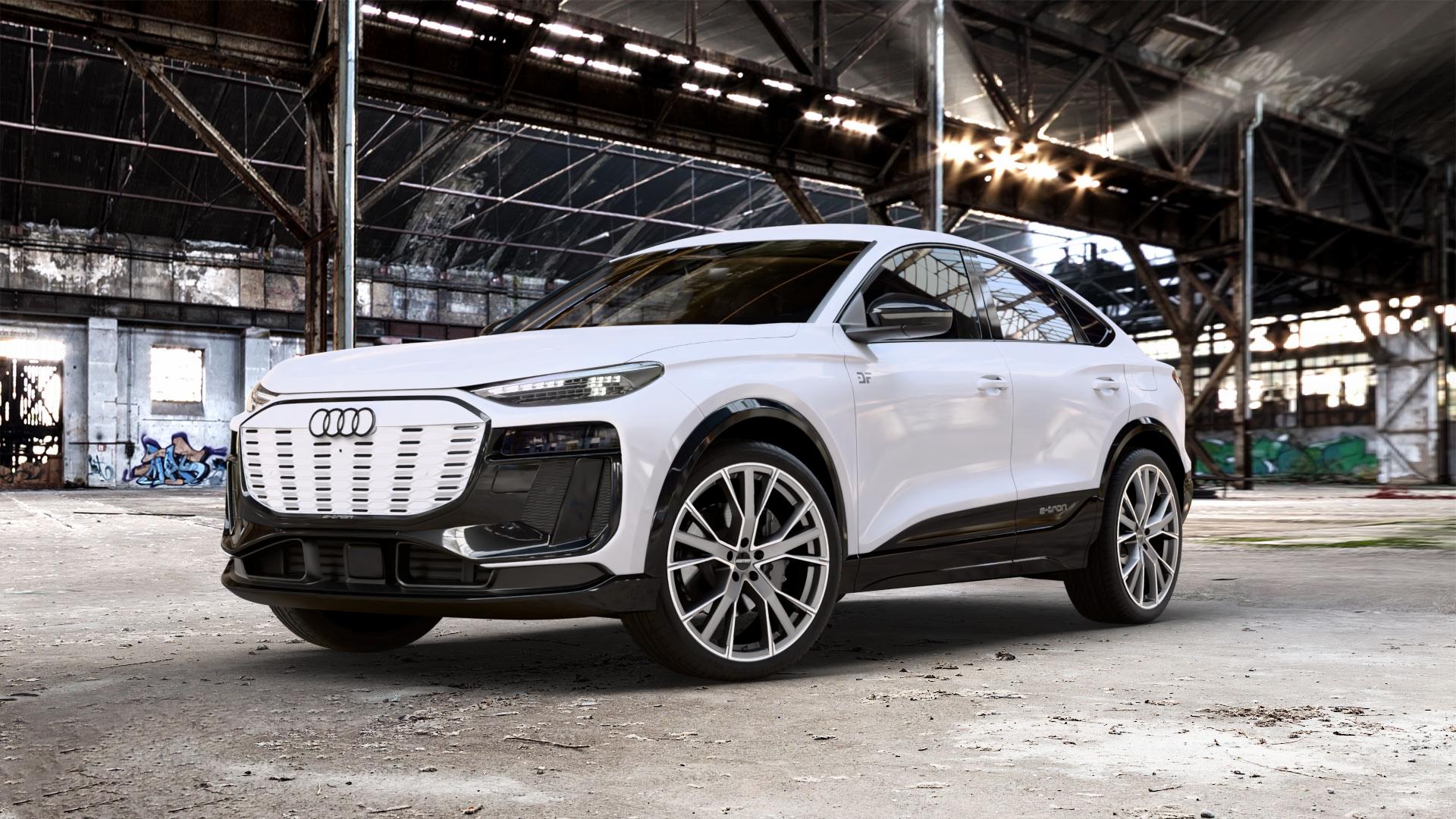 GMP Italia Gunner Anthr. matt diamond Felge mit Reifen grau anthrazit in 22Zoll Winterfelge Alufelge auf weissem Audi Q6 Sportback Typ GF 0,0l e-tron 100kW (136 PS) performance 120kW (163 quattro SQ6 ⬇️ mit 15mm Tieferlegung ⬇️ Old Industrial Hall_max_5300mm_2024 Frontansicht_1