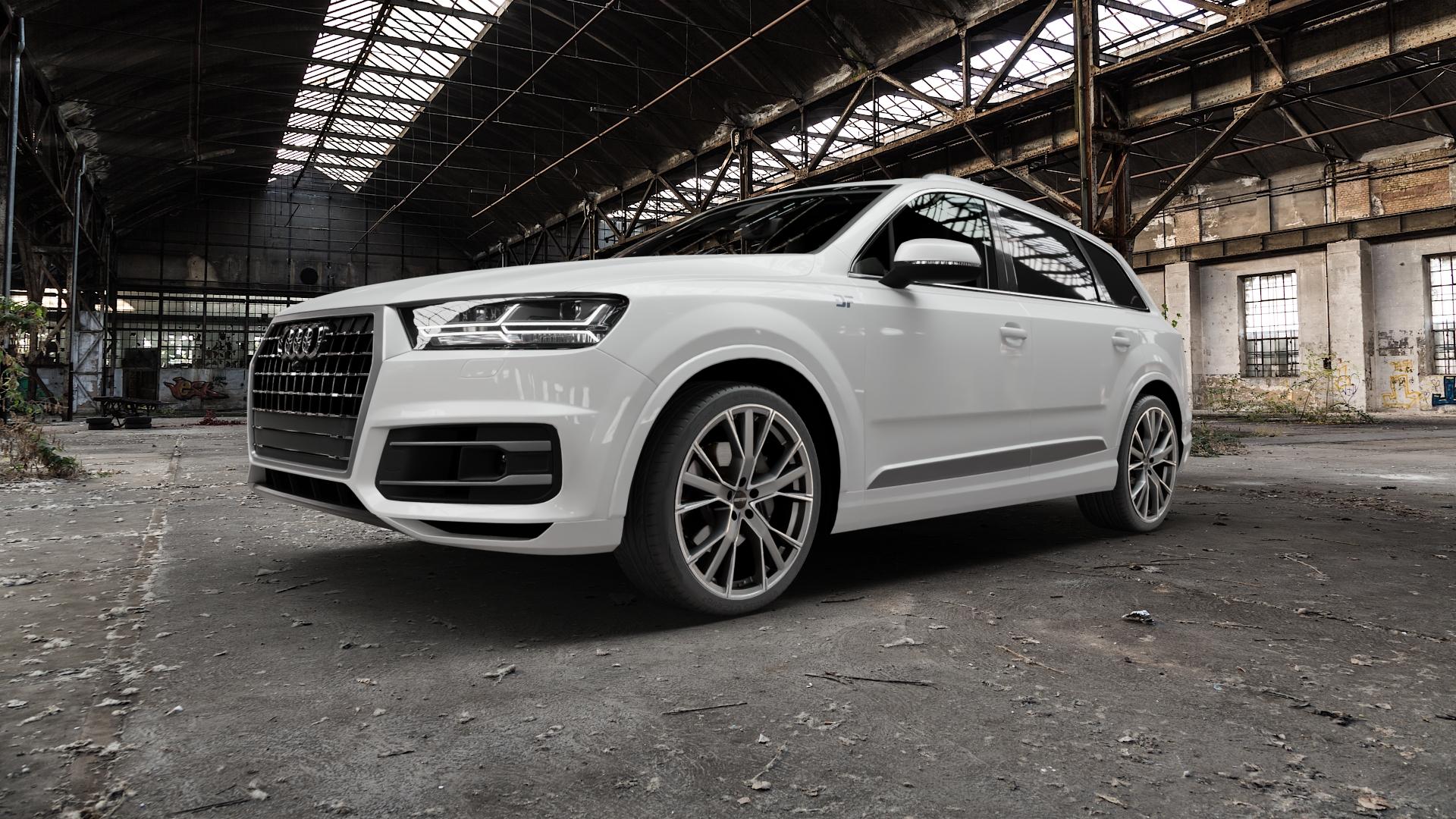 GMP Italia Gunner Anthr. matt diamond Felge mit Reifen grau anthrazit in 22Zoll Winterfelge Alufelge auf weissem Audi Q7 II Typ 4M (4L) ⬇️ mit 15mm Tieferlegung ⬇️ Old Industrial Hall_max5000mm_2022 Frontansicht_1