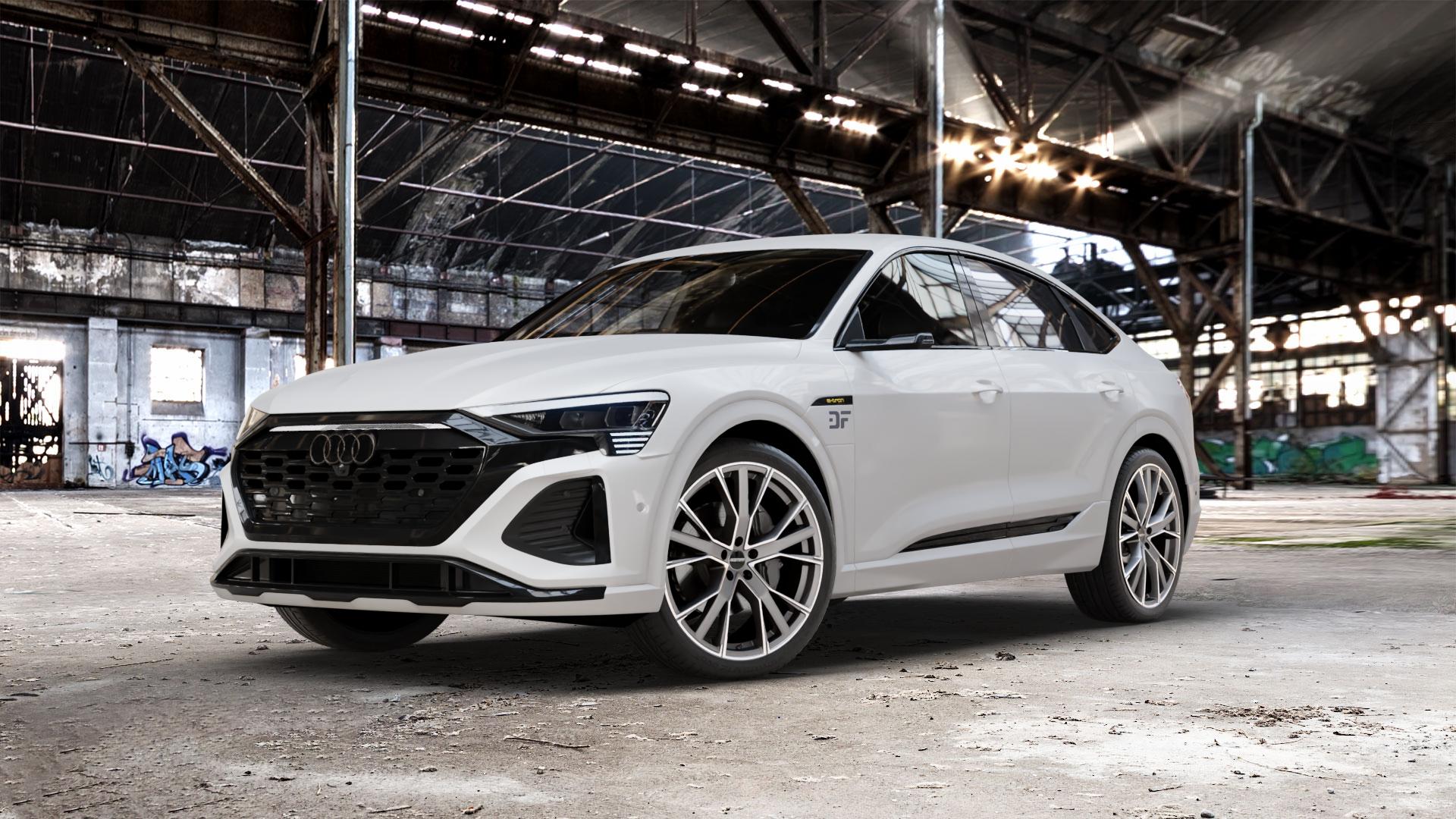 GMP Italia Gunner Anthr. matt diamond Felge mit Reifen grau anthrazit in 22Zoll Winterfelge Alufelge auf weissem Audi Q8 Sportback Typ GE ⬇️ mit 15mm Tieferlegung ⬇️ Old Industrial Hall_max_5300mm_2024 Frontansicht_1