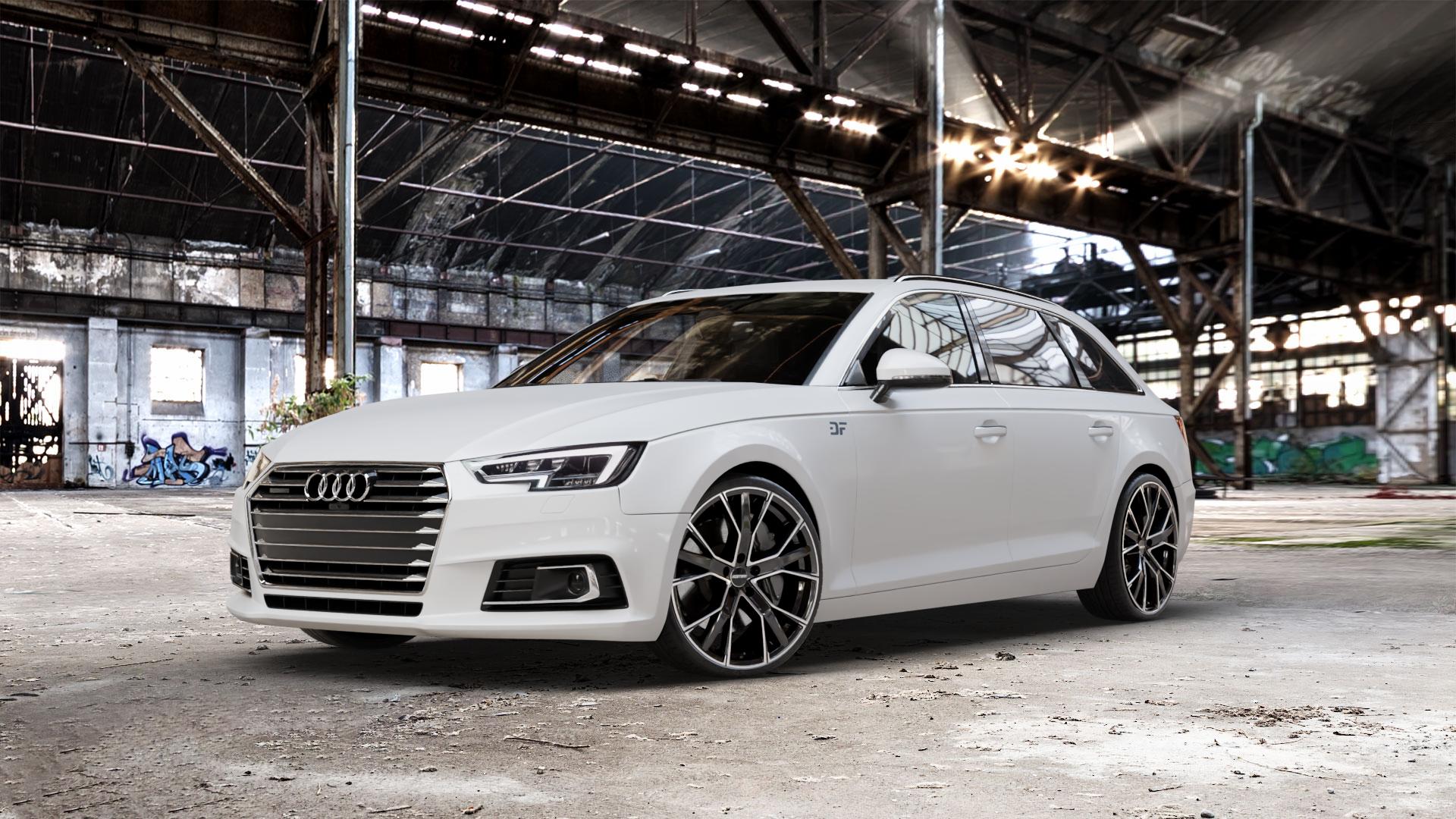 GMP Italia Gunner Black diamond Felge mit Reifen schwarz in 20Zoll Winterfelge Alufelge auf weissem Audi A4 Typ B9 (Avant) ⬇️ mit 15mm Tieferlegung ⬇️ Old Industrial Hall_max_5300mm_2024 Frontansicht_1