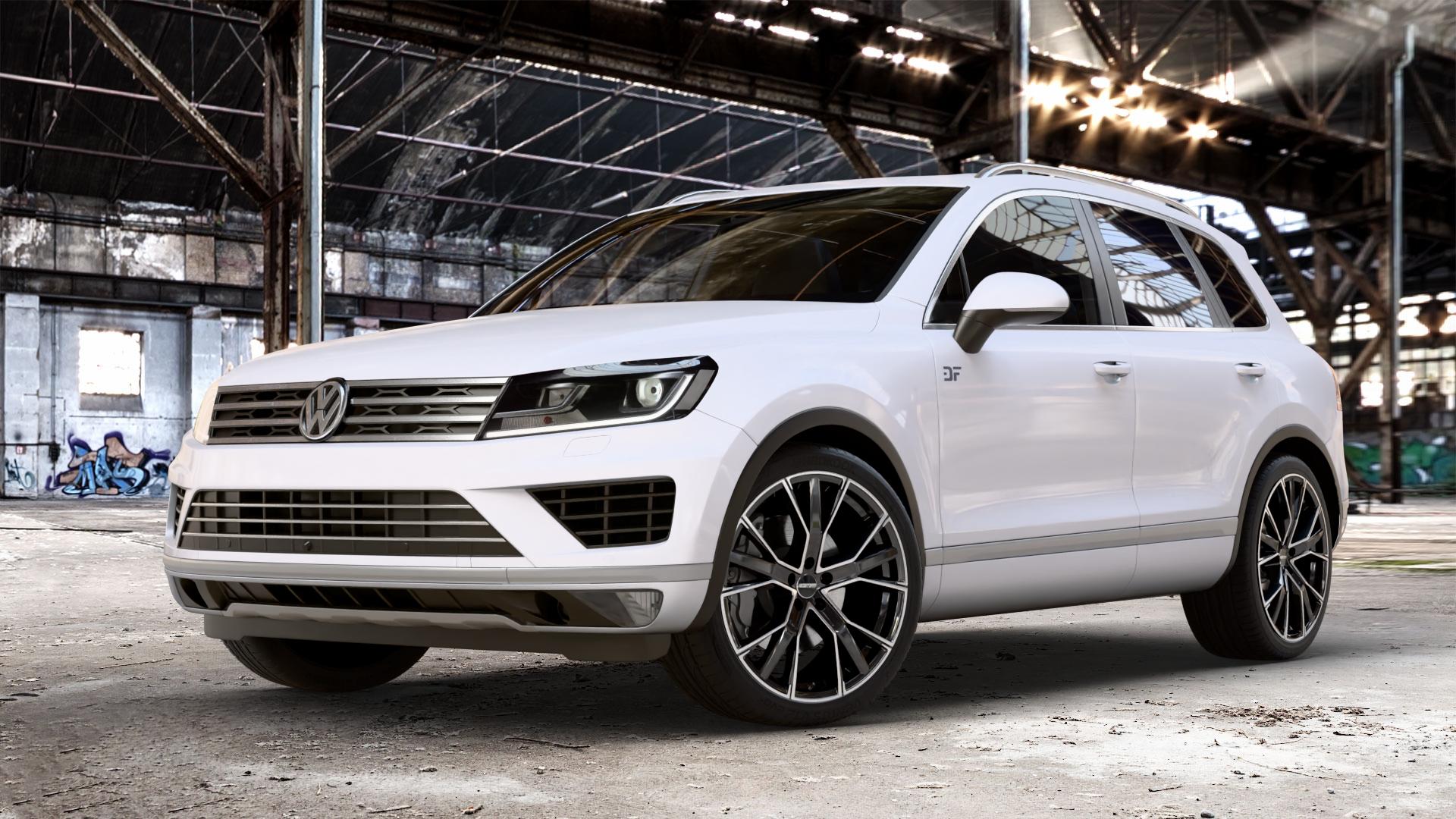 GMP Italia Gunner Black diamond Felge mit Reifen schwarz in 21Zoll Winterfelge Alufelge auf weissem Volkswagen (VW) Touareg II Typ 7P Facelift ⬇️ mit 15mm Tieferlegung ⬇️ Old Industrial Hall_max_4400mm_2024 Frontansicht_1