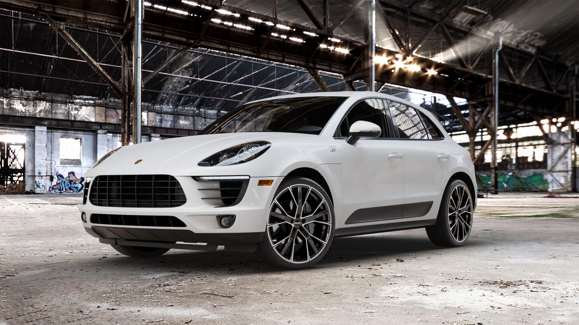 GMP Italia Gunner Black diamond Felge mit Reifen schwarz in 22Zoll Winterfelge Alufelge auf weissem Porsche Macan Typ 95B ⬇️ mit 15mm Tieferlegung ⬇️ Old Industrial Hall_max_5300mm_2024 Frontansicht_1