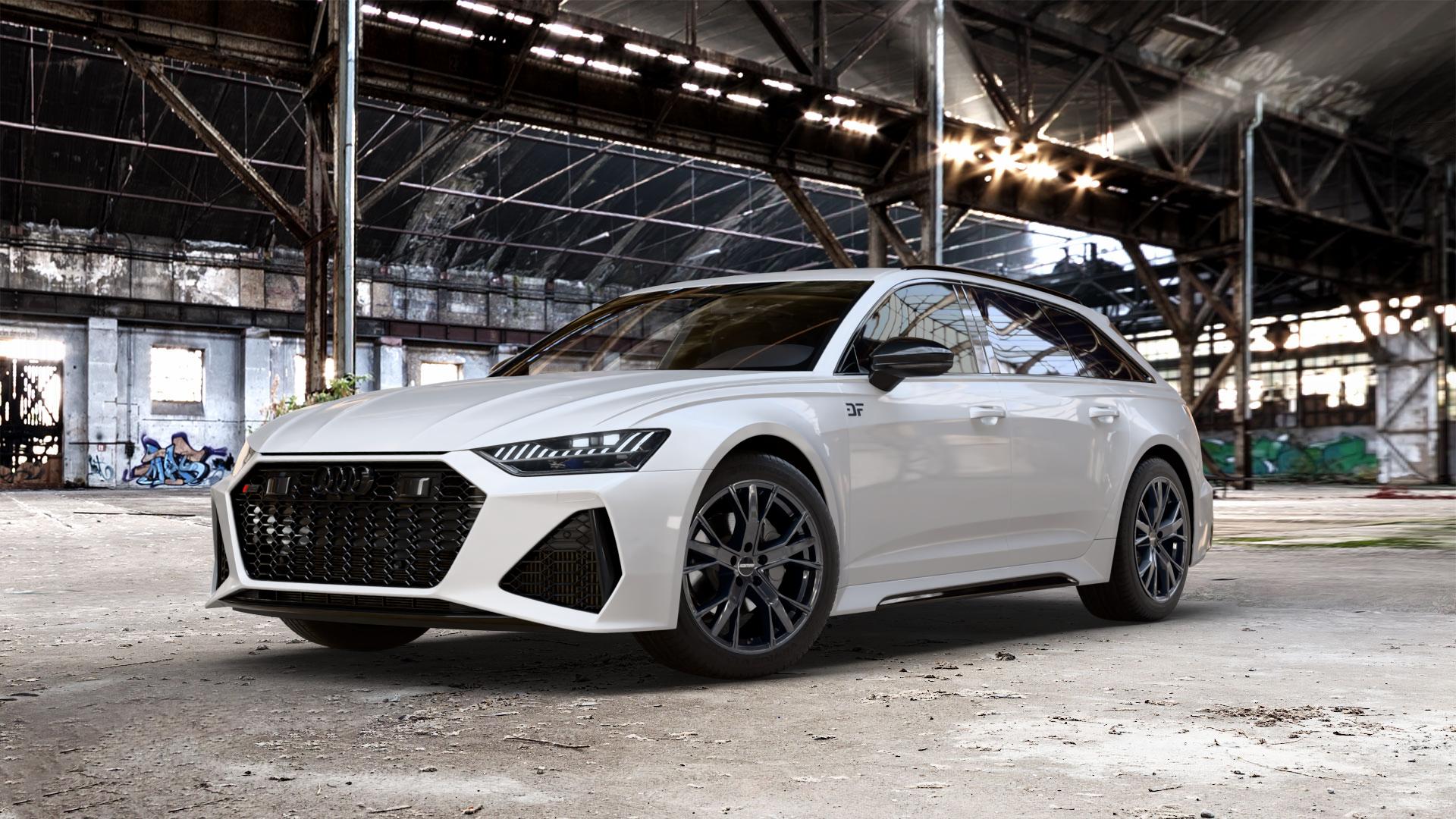 GMP Italia Gunner Black glossy Felge mit Reifen schwarz in 19Zoll Winterfelge Alufelge auf weissem Audi A6 Typ F2/C8 (Avant) 4,0l RS6 TFSI quattro 441kW (600 PS) Mild-Hybrid Performance 463kW (630 ⬇️ mit 15mm Tieferlegung ⬇️ Old Industrial Hall_max_5300mm_2024 Frontansicht_1
