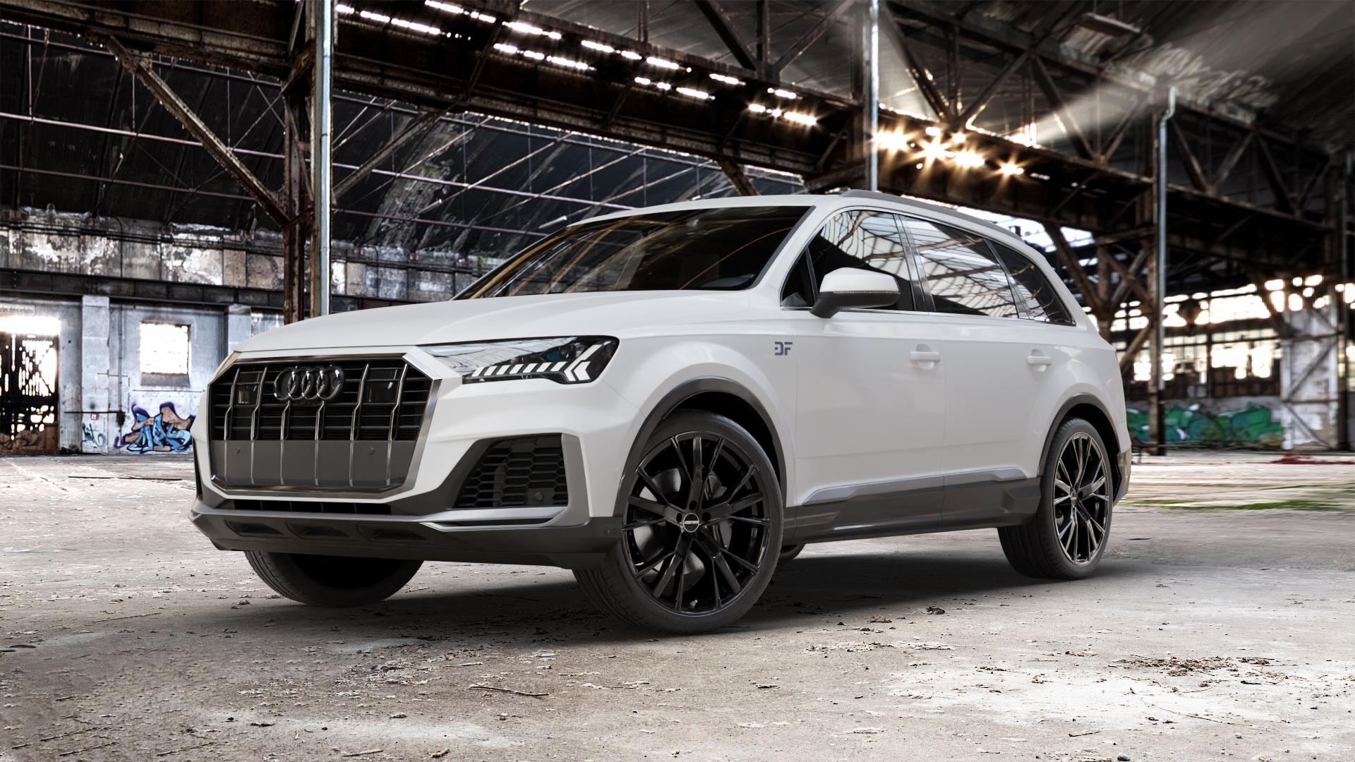 GMP Italia Gunner Black glossy Felge mit Reifen schwarz in 22Zoll Winterfelge Alufelge auf weissem Audi Q7 II Typ 4M (4L) Facelift 19-> ⬇️ mit 15mm Tieferlegung ⬇️ Old Industrial Hall_max_5300mm_2024 Frontansicht_1