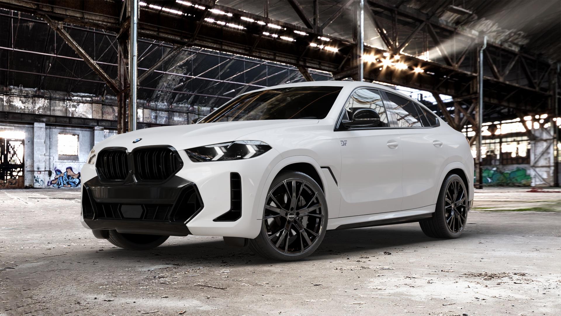 GMP Italia Gunner Black glossy Felge mit Reifen schwarz in 22Zoll Winterfelge Alufelge auf weissem BMW X6 Typ G06 (G6X) Facelift ⬇️ mit 15mm Tieferlegung ⬇️ Old Industrial Hall_max_5300mm_2024 Frontansicht_1