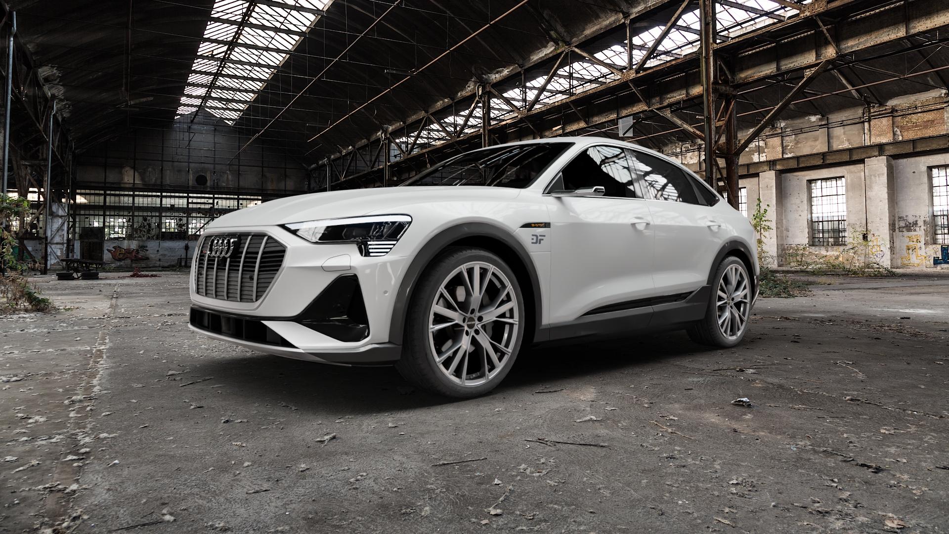 GMP Italia Gunner Silver Felge mit Reifen silber in 22Zoll Winterfelge Alufelge auf weissem Audi E-Tron S Sportback Typ GE ⬇️ mit 15mm Tieferlegung ⬇️ Old Industrial Hall_max5000mm_2022 Frontansicht_1