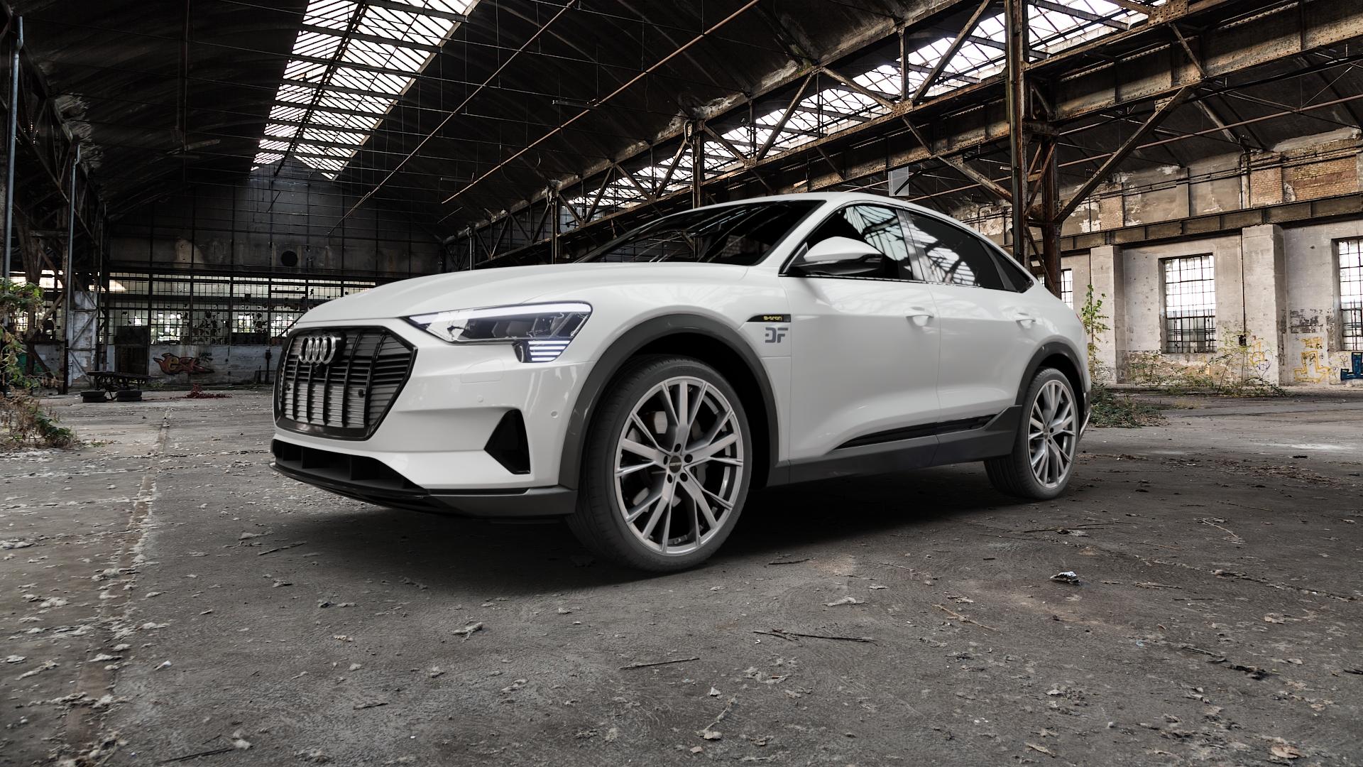GMP Italia Gunner Silver Felge mit Reifen silber in 22Zoll Winterfelge Alufelge auf weissem Audi E-Tron Sportback Typ GE ⬇️ mit 15mm Tieferlegung ⬇️ Old Industrial Hall_max5000mm_2022 Frontansicht_1