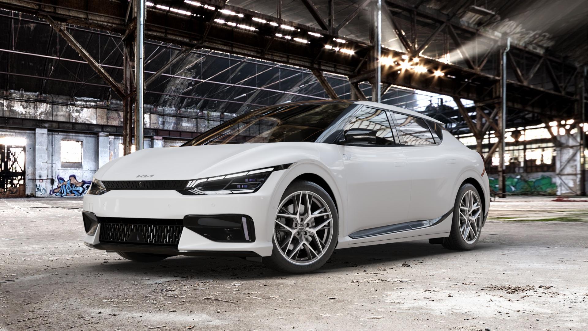 GMP Italia Lunica Anthr. matt diamond Felge mit Reifen grau anthrazit in 20Zoll Winterfelge Alufelge auf weissem Kia EV6 Typ CV ⬇️ mit 15mm Tieferlegung ⬇️ Old Industrial Hall_max_5300mm_2024 Frontansicht_1