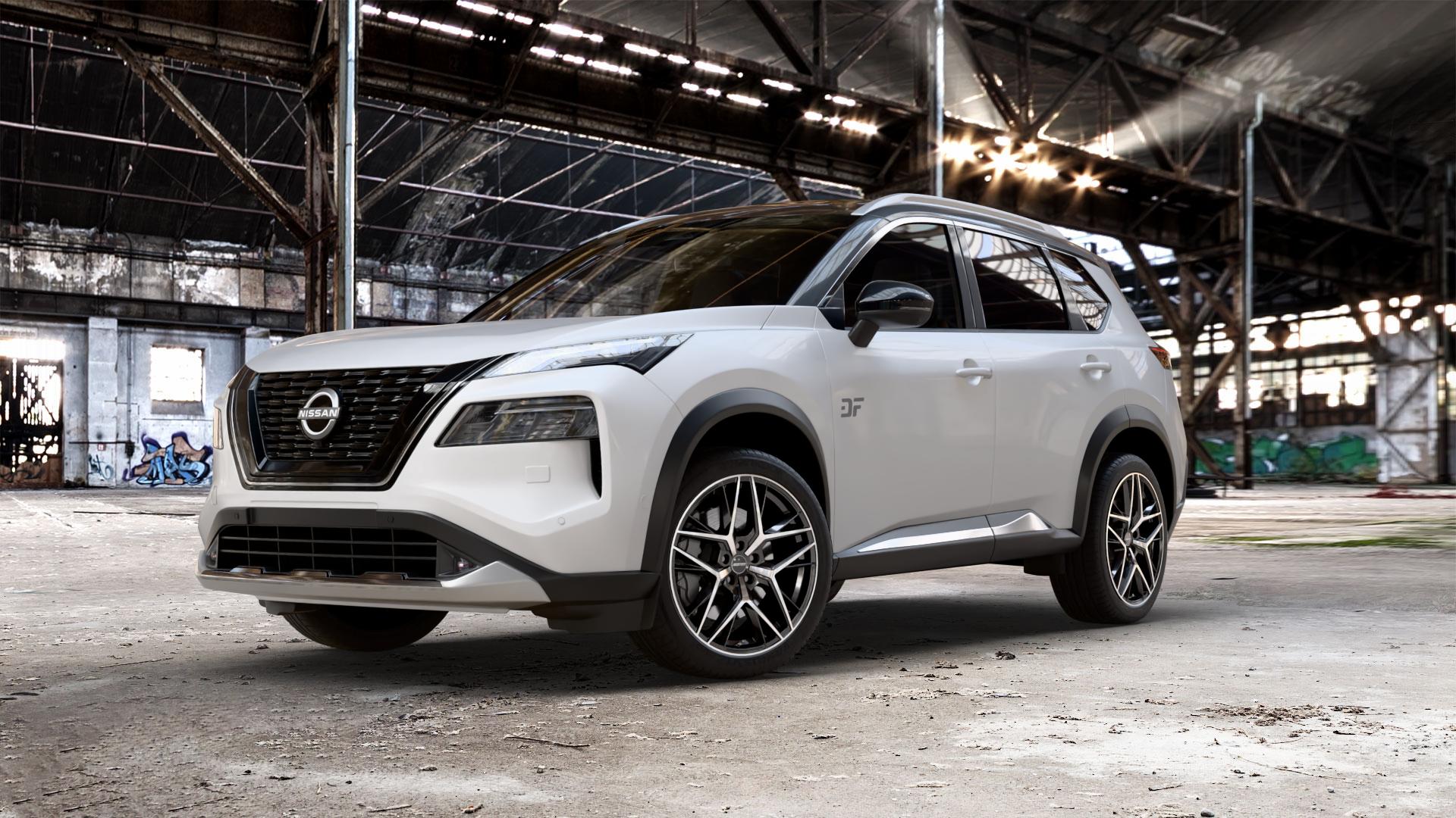 GMP Italia Lunica Black diamond Felge mit Reifen schwarz in 20Zoll Winterfelge Alufelge auf weissem Nissan X-Trail Typ T33 ⬇️ mit 15mm Tieferlegung ⬇️ Old Industrial Hall_max_5300mm_2024 Frontansicht_1