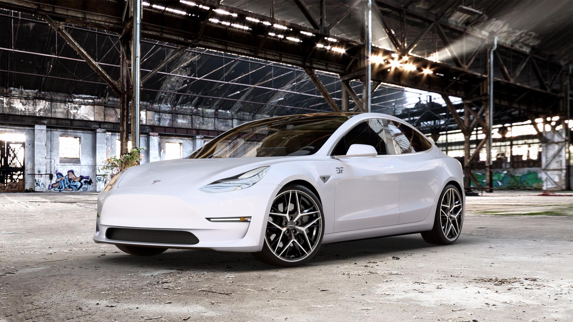 GMP Italia Lunica Black Diamond Felge mit Reifen schwarz in 20Zoll Winterfelge Alufelge auf weissem Tesla Model 3 Typ 003 ⬇️ mit 15mm Tieferlegung ⬇️ Old Industrial Hall_max_5300mm_2024 Frontansicht_1