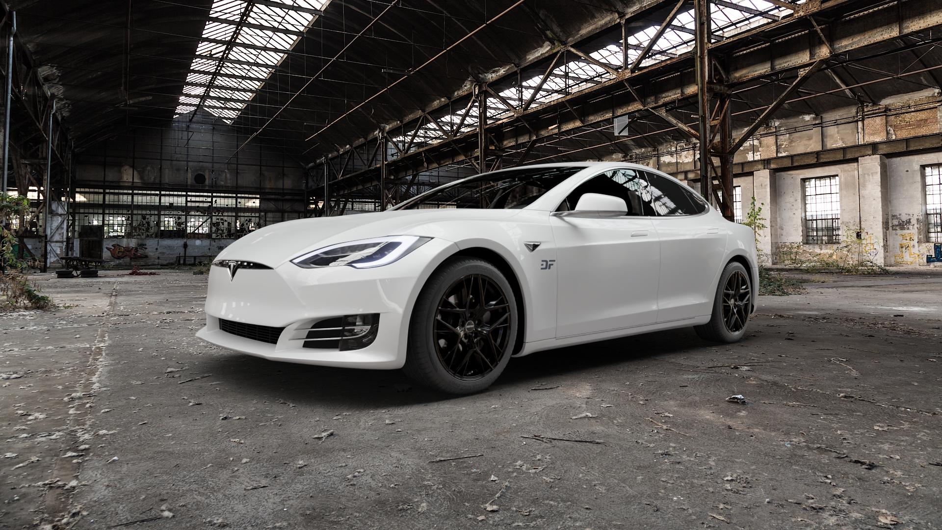 GMP Italia Lunica Black glossy Felge mit Reifen schwarz in 19Zoll Winterfelge Alufelge auf weissem Tesla Model S Facelift Typ 002 ⬇️ mit 15mm Tieferlegung ⬇️ Old Industrial Hall_max5000mm_2022 Frontansicht_1