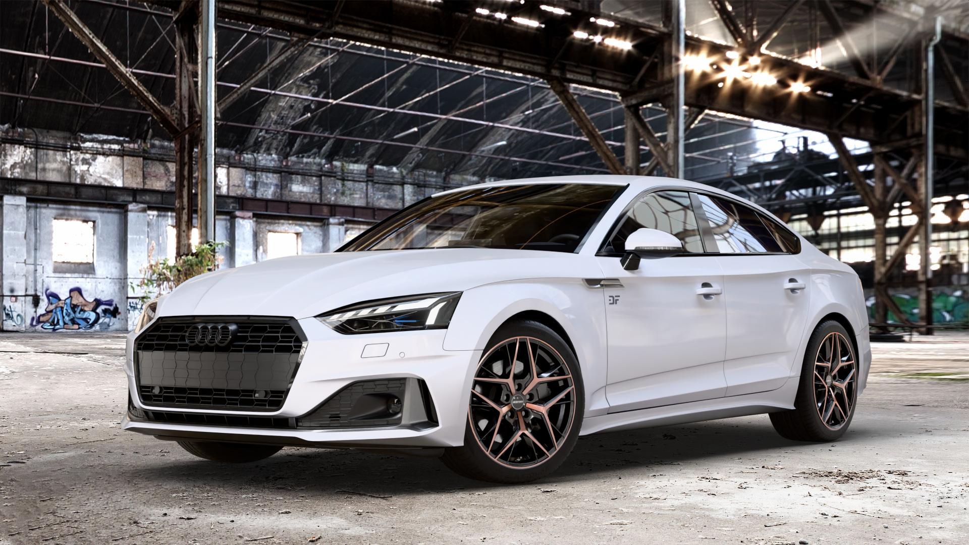 GMP Italia Lunica Luci di Portofino Felge mit Reifen schwarz bronze in 18Zoll Alufelge auf weissem Audi A5 Typ B9 (Sportback) Facelift ⬇️ mit 15mm Tieferlegung ⬇️ Old Industrial Hall_max_4400mm_2024 Frontansicht_1
