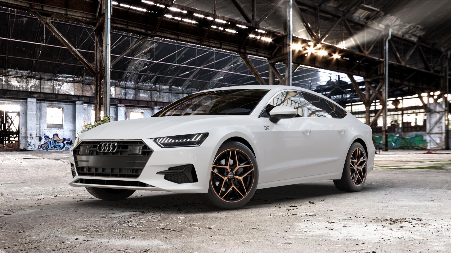 GMP Italia Lunica Luci Di Portofino Felge mit Reifen schwarz bronze in 19Zoll Alufelge auf weissem Audi A7 Typ F2/C8 (Sportback) ⬇️ mit 15mm Tieferlegung ⬇️ Old Industrial Hall_max_5300mm_2024 Frontansicht_1