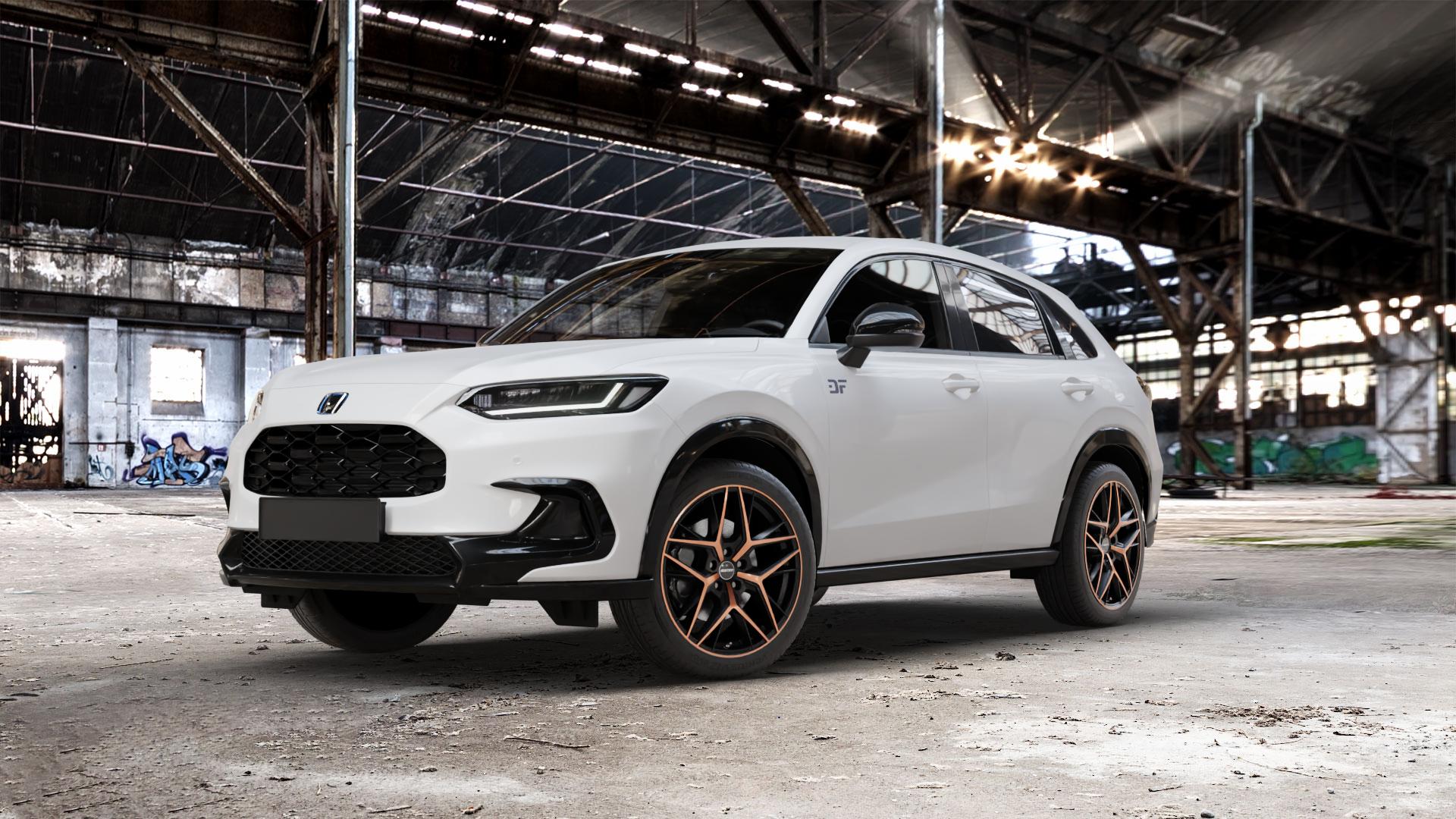 GMP Italia Lunica Luci Di Portofino Felge mit Reifen schwarz bronze in 19Zoll Alufelge auf weissem Honda ZR-V Typ RZ ⬇️ mit 15mm Tieferlegung ⬇️ Old Industrial Hall_max_5300mm_2024 Frontansicht_1
