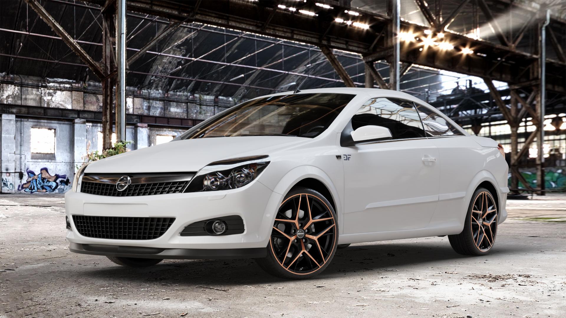 GMP Italia Lunica Luci Di Portofino Felge mit Reifen schwarz bronze in 19Zoll Alufelge auf weissem Opel Astra H Twin Top Typ A-H/C ⬇️ mit 15mm Tieferlegung ⬇️ Old Industrial Hall_max_4400mm_2024 Frontansicht_1