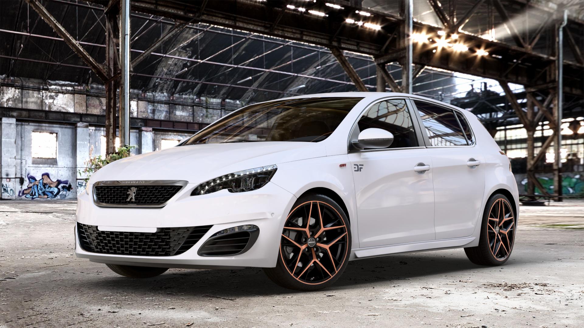 GMP Italia Lunica Luci Di Portofino Felge mit Reifen schwarz bronze in 19Zoll Alufelge auf weissem Peugeot 308 II Typ L Facelift ⬇️ mit 15mm Tieferlegung ⬇️ Old Industrial Hall_max_4400mm_2024 Frontansicht_1