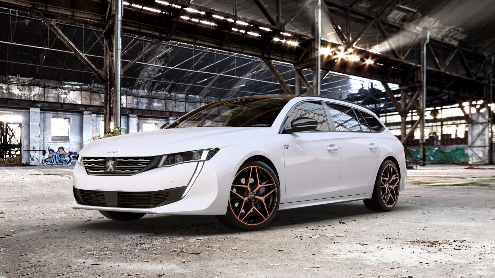 GMP Italia Lunica Luci Di Portofino Felge mit Reifen schwarz bronze in 19Zoll Alufelge auf weissem Peugeot 508 Typ F SW ⬇️ mit 15mm Tieferlegung ⬇️ Old Industrial Hall_max_5300mm_2024 Frontansicht_1
