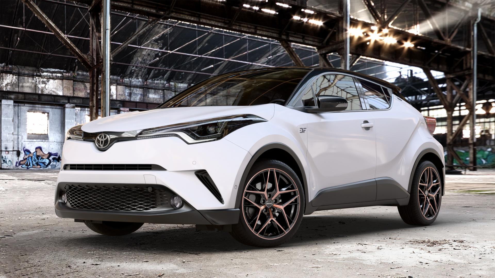 GMP Italia Lunica Luci Di Portofino Felge mit Reifen schwarz bronze in 19Zoll Alufelge auf weissem Toyota C-HR Typ AX1T(EU,M) AX1T(EU,M)-TMG ⬇️ mit 15mm Tieferlegung ⬇️ Old Industrial Hall_max_4400mm_2024 Frontansicht_1