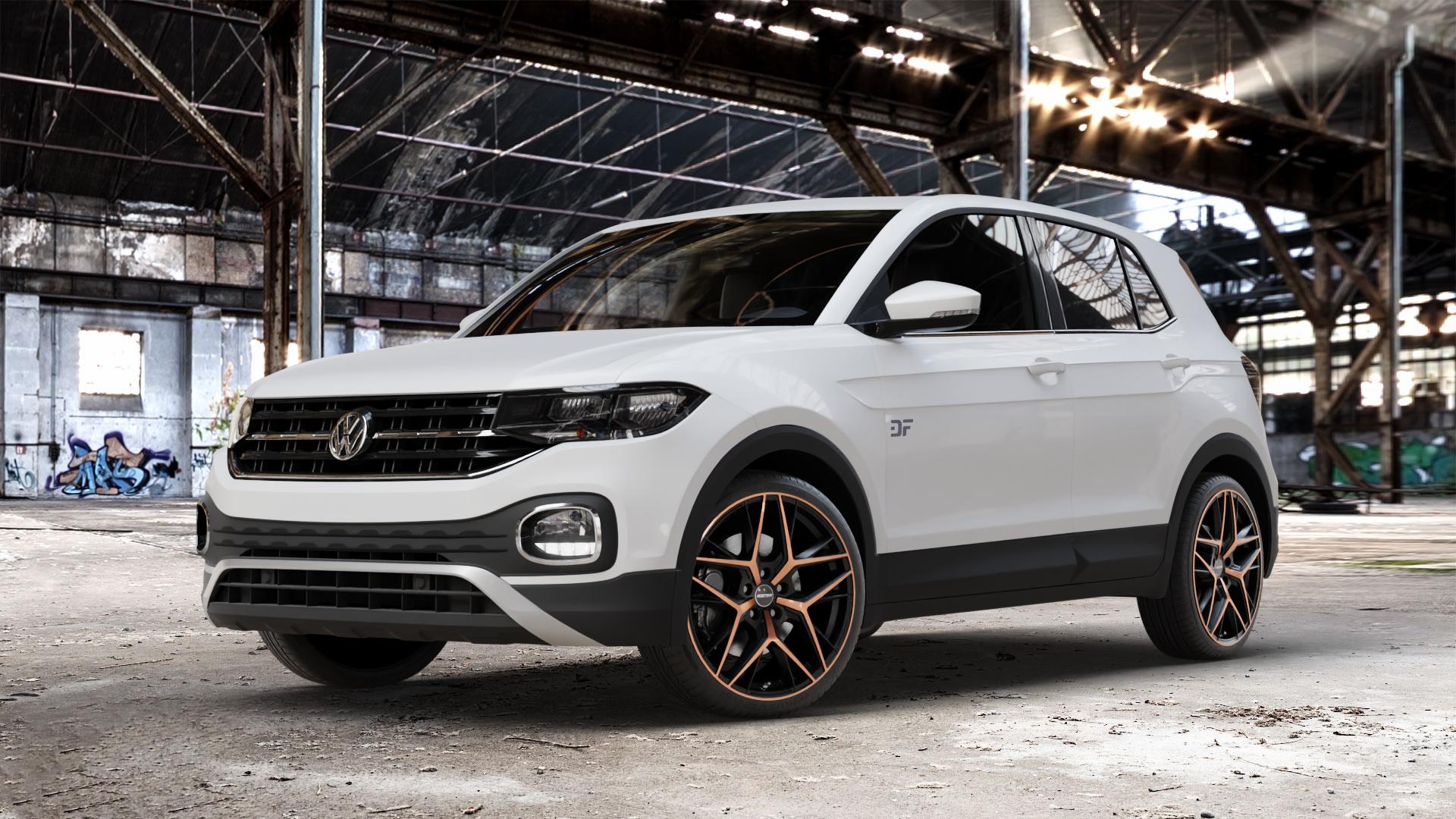 GMP Italia Lunica Luci Di Portofino Felge mit Reifen schwarz bronze in 19Zoll Alufelge auf weissem Volkswagen (VW) T-Cross ⬇️ mit 15mm Tieferlegung ⬇️ Old Industrial Hall_max_4400mm_2024 Frontansicht_1