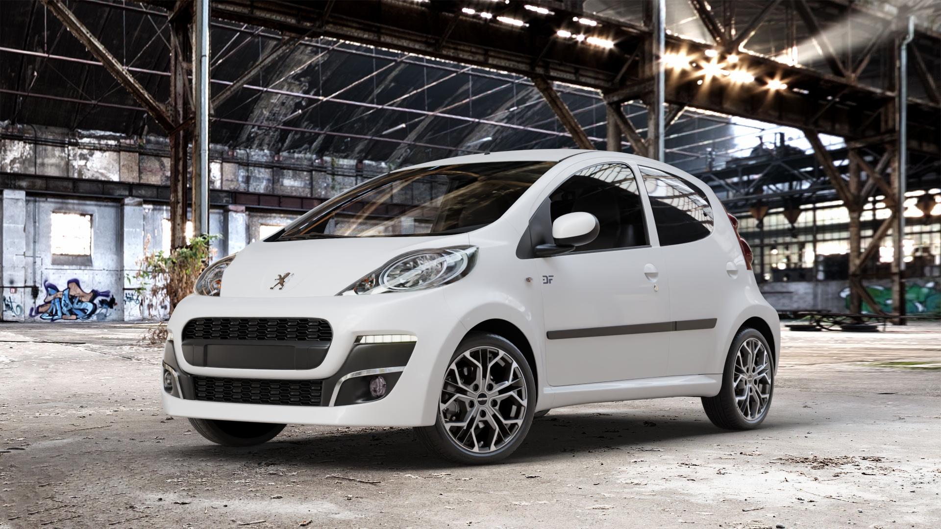 GMP Italia MATISSE Anthr. matt diamond Felge mit Reifen grau anthrazit in 15Zoll Winterfelge Alufelge auf weissem Peugeot 107 ⬇️ mit 15mm Tieferlegung ⬇️ Old Industrial Hall_max_4400mm_2024 Frontansicht_1