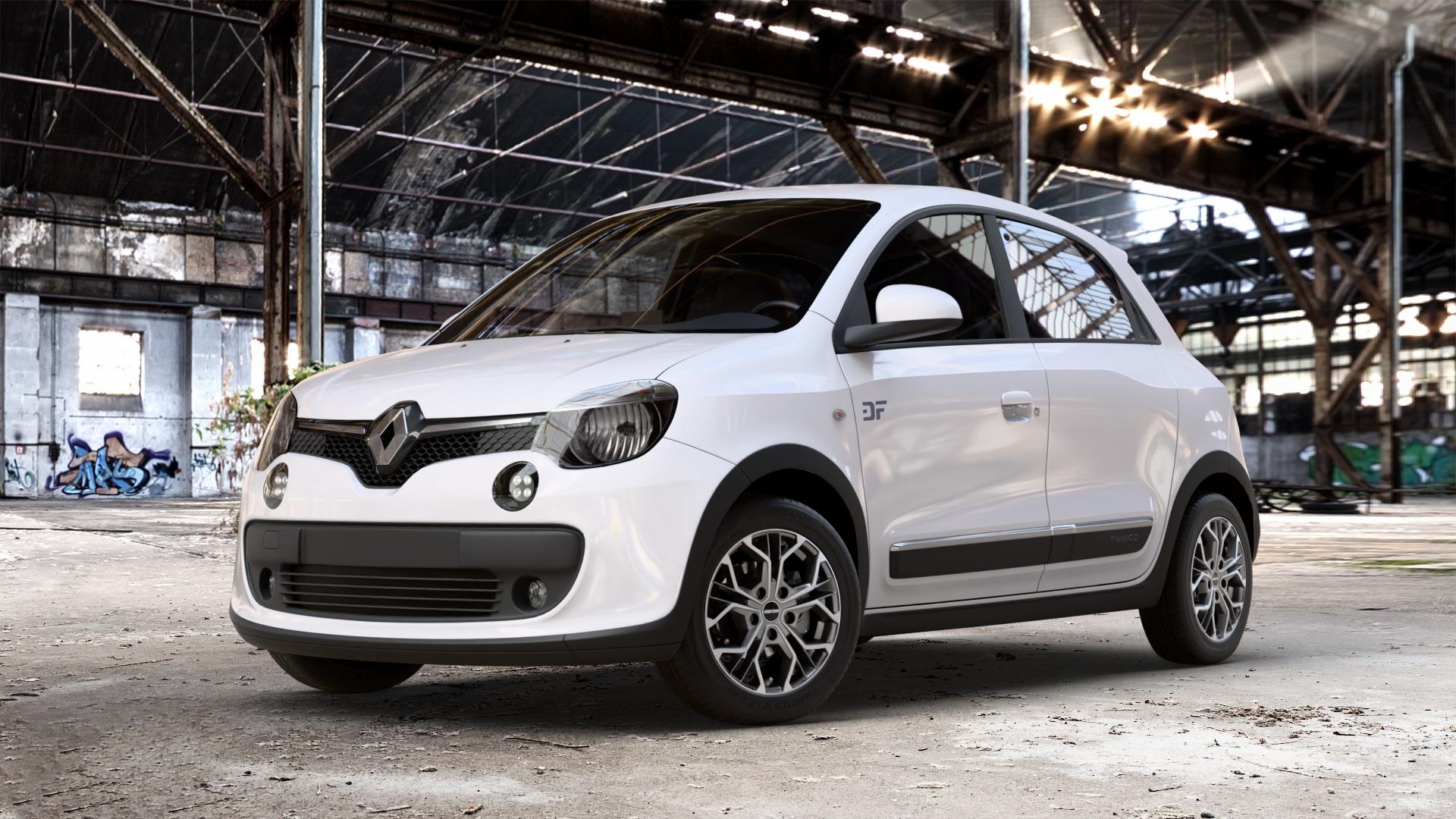 GMP Italia MATISSE Anthr. matt diamond Felge mit Reifen grau anthrazit in 15Zoll Winterfelge Alufelge auf weissem Renault Twingo III Typ AH ⬇️ mit 15mm Tieferlegung ⬇️ Old Industrial Hall_max_4400mm_2024 Frontansicht_1