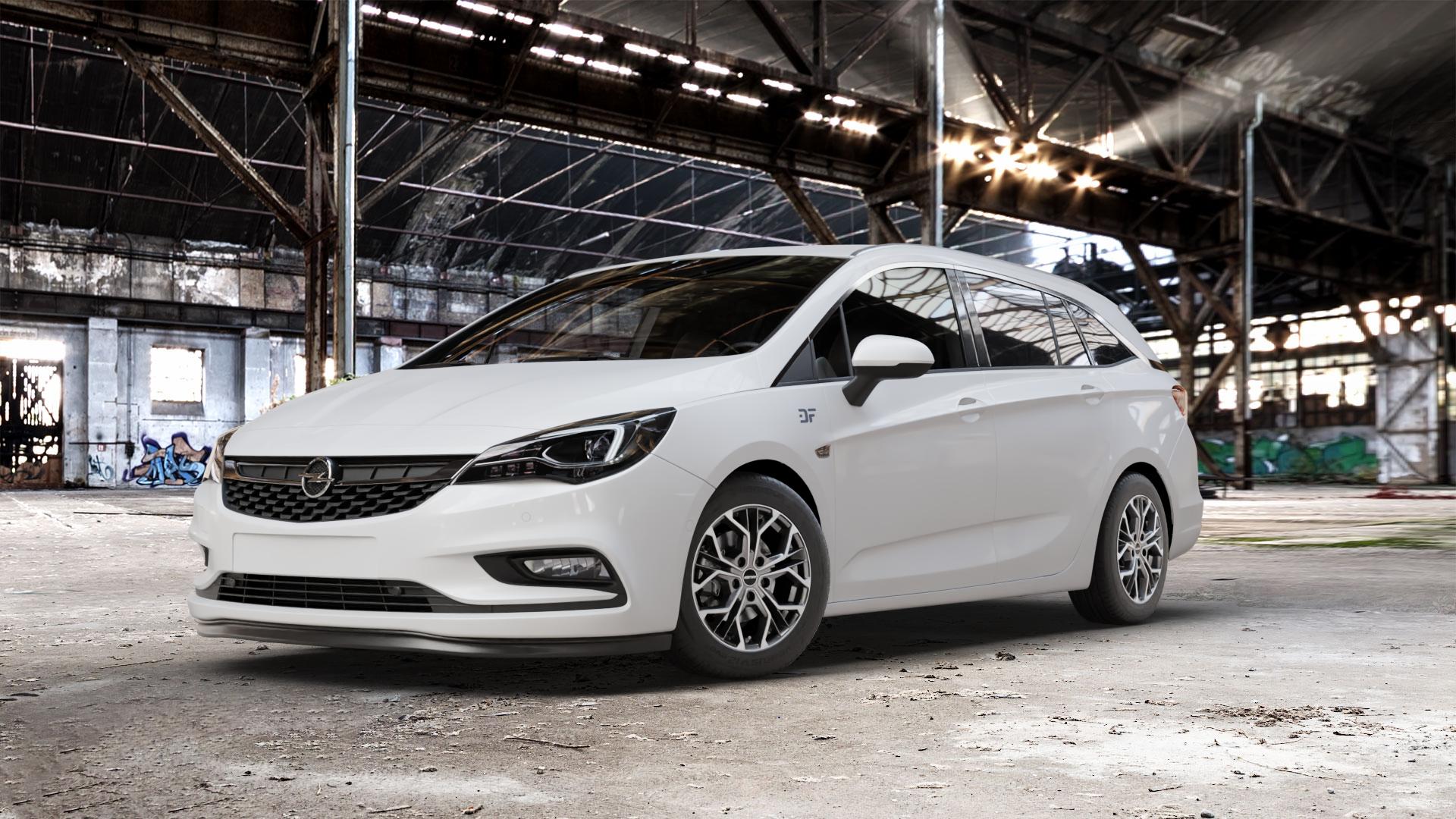 GMP Italia MATISSE Anthr. matt diamond Felge mit Reifen grau anthrazit in 16Zoll Winterfelge Alufelge auf weissem Opel Astra K Sports Tourer Typ B-K ⬇️ mit 15mm Tieferlegung ⬇️ Old Industrial Hall_max_5300mm_2024 Frontansicht_1