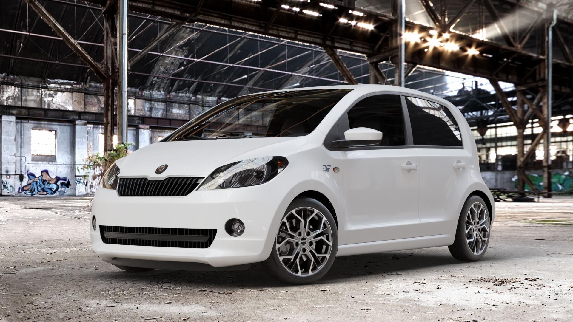 GMP Italia MATISSE Anthr. matt diamond Felge mit Reifen grau anthrazit in 16Zoll Winterfelge Alufelge auf weissem Skoda Citigo Typ AA ⬇️ mit 15mm Tieferlegung ⬇️ Old Industrial Hall_max_4400mm_2024 Frontansicht_1