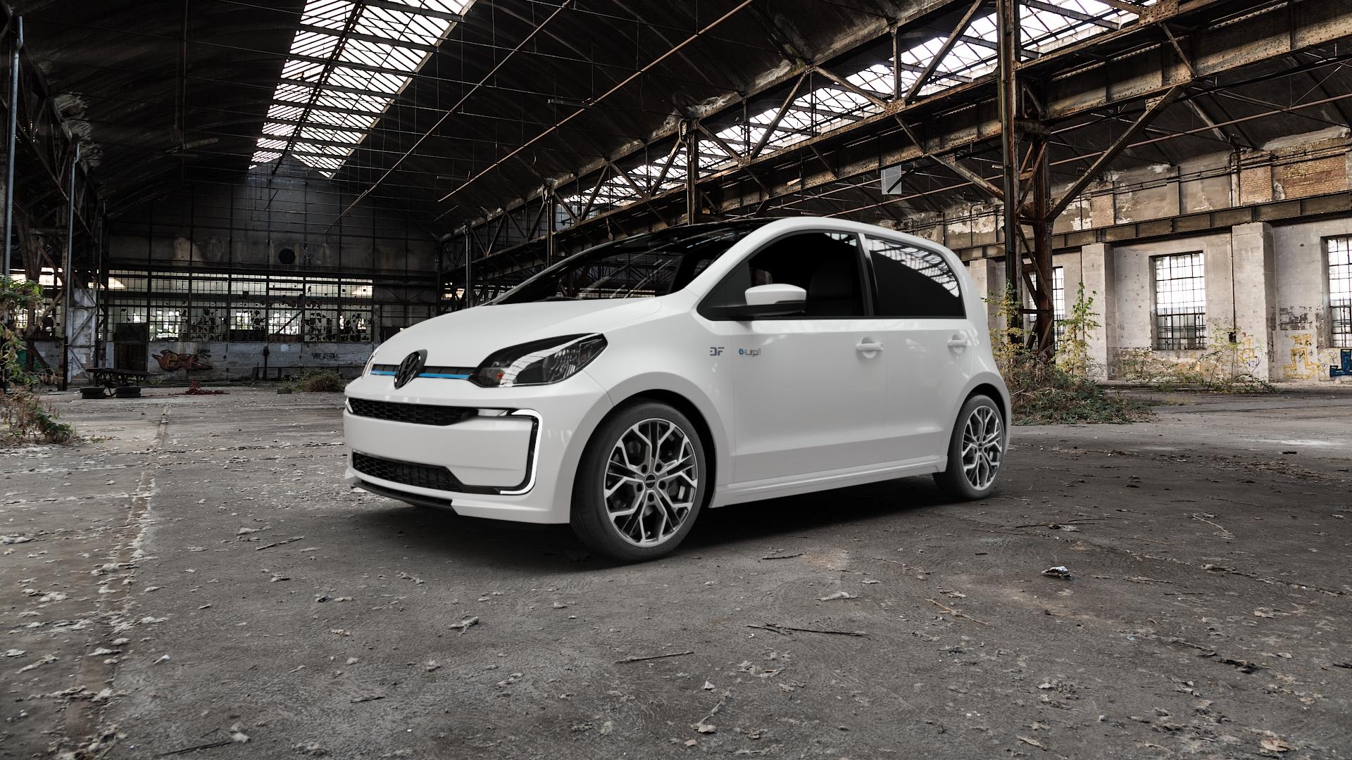 GMP Italia MATISSE Anthr. matt diamond Felge mit Reifen grau anthrazit in 16Zoll Winterfelge Alufelge auf weissem Volkswagen (VW) UP Facelift 0,0l e-UP 60kW (82 PS) 61kW (83 ⬇️ mit 15mm Tieferlegung ⬇️ Old Industrial Hall_max5000mm_2022 Frontansicht_1