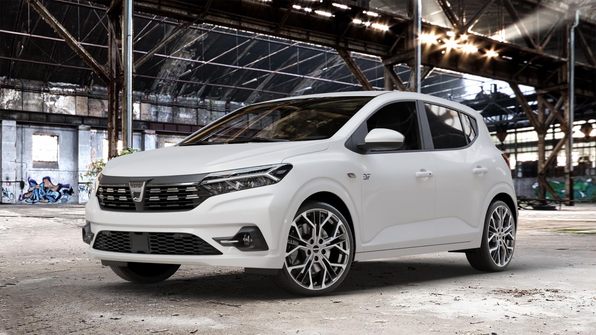 GMP Italia MATISSE Anthr. matt diamond Felge mit Reifen grau anthrazit in 18Zoll Winterfelge Alufelge auf weissem Dacia Sandero III Typ DJF ⬇️ mit 15mm Tieferlegung ⬇️ Old Industrial Hall_max_4400mm_2024 Frontansicht_1