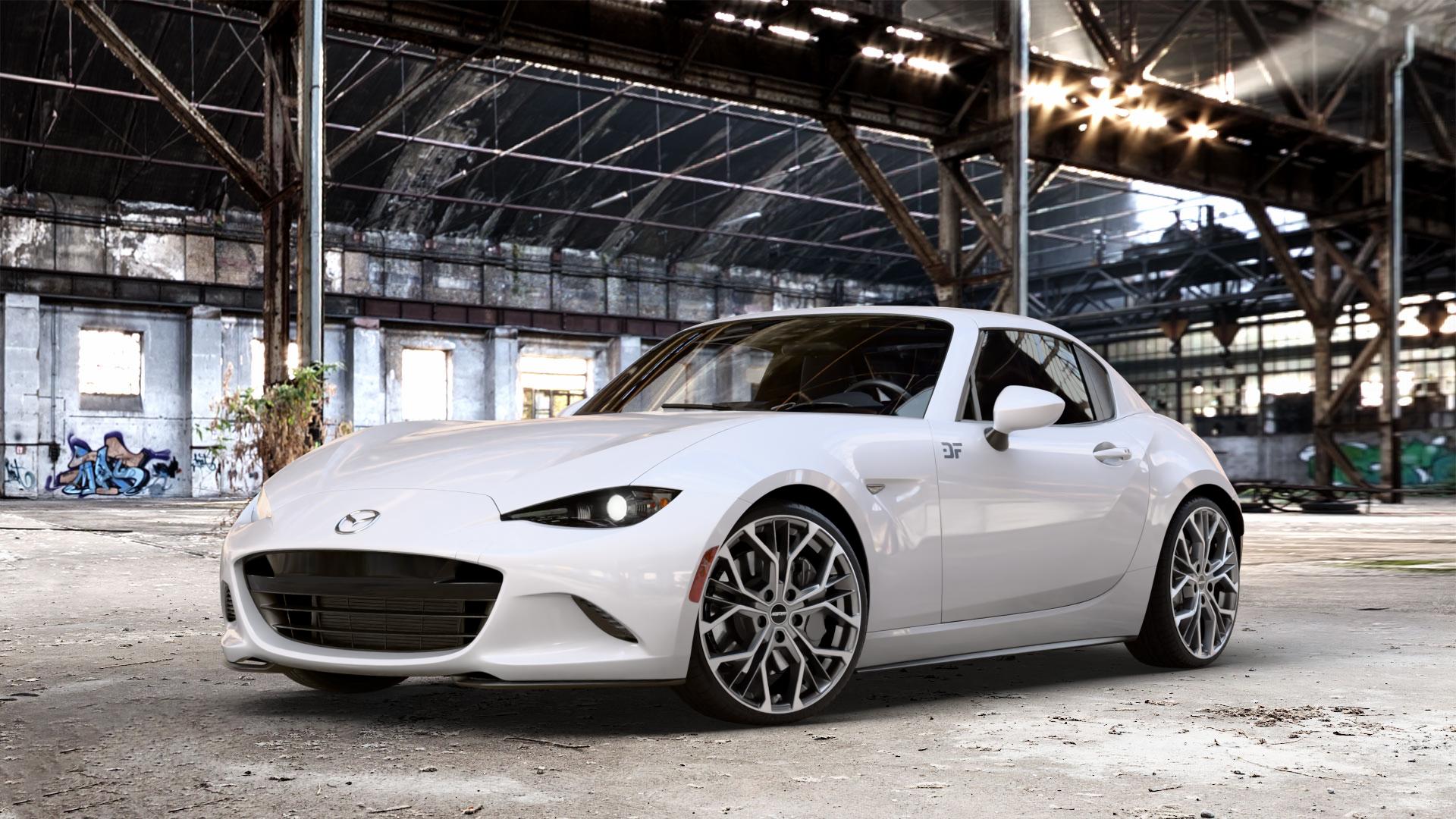 GMP Italia MATISSE Anthr. matt diamond Felge mit Reifen grau anthrazit in 18Zoll Winterfelge Alufelge auf weissem Mazda MX-5 IV RF (ND) ⬇️ mit 15mm Tieferlegung ⬇️ Old Industrial Hall_max_4400mm_2024 Frontansicht_1