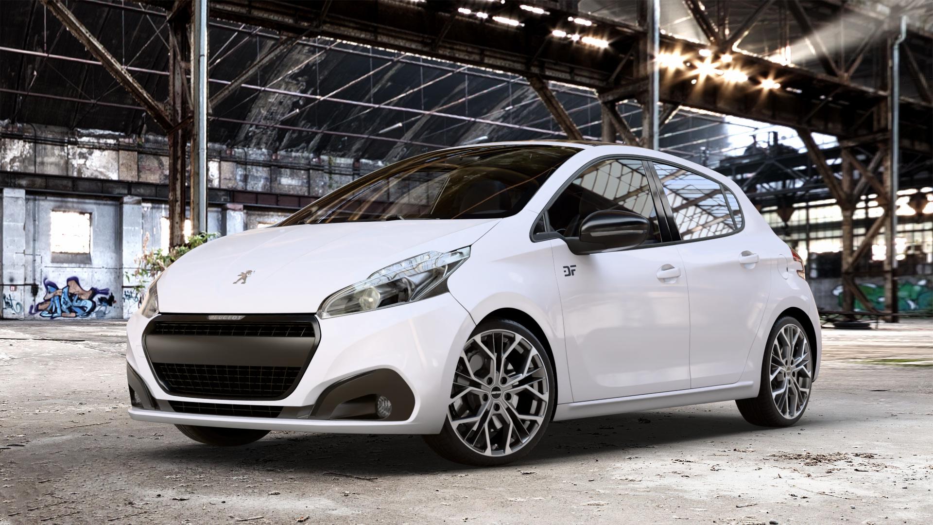 GMP Italia MATISSE Anthr. matt diamond Felge mit Reifen grau anthrazit in 18Zoll Winterfelge Alufelge auf weissem Peugeot 208 Typ C Facelift ⬇️ mit 15mm Tieferlegung ⬇️ Old Industrial Hall_max_4400mm_2024 Frontansicht_1