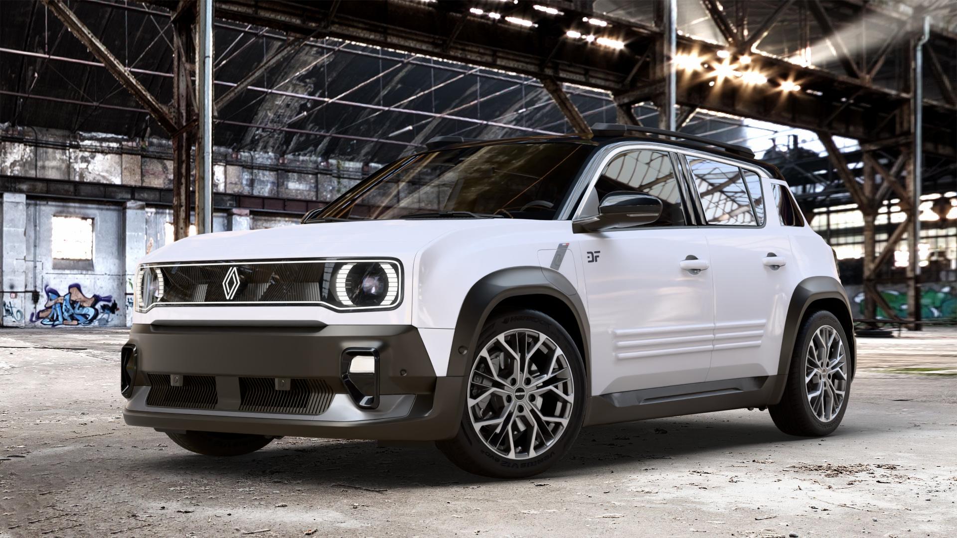 GMP Italia MATISSE Anthr. matt diamond Felge mit Reifen grau anthrazit in 18Zoll Winterfelge Alufelge auf weissem Renault R4 E-Tech ⬇️ mit 15mm Tieferlegung ⬇️ Old Industrial Hall_max_4400mm_2024 Frontansicht_1