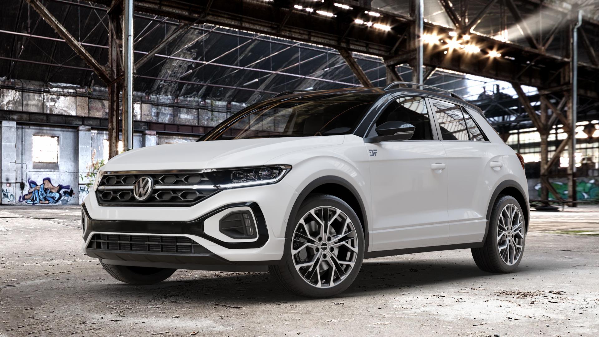 GMP Italia MATISSE Anthr. matt diamond Felge mit Reifen grau anthrazit in 18Zoll Winterfelge Alufelge auf weissem Volkswagen (VW) T-Roc Facelift ⬇️ mit 15mm Tieferlegung ⬇️ Old Industrial Hall_max_4400mm_2024 Frontansicht_1